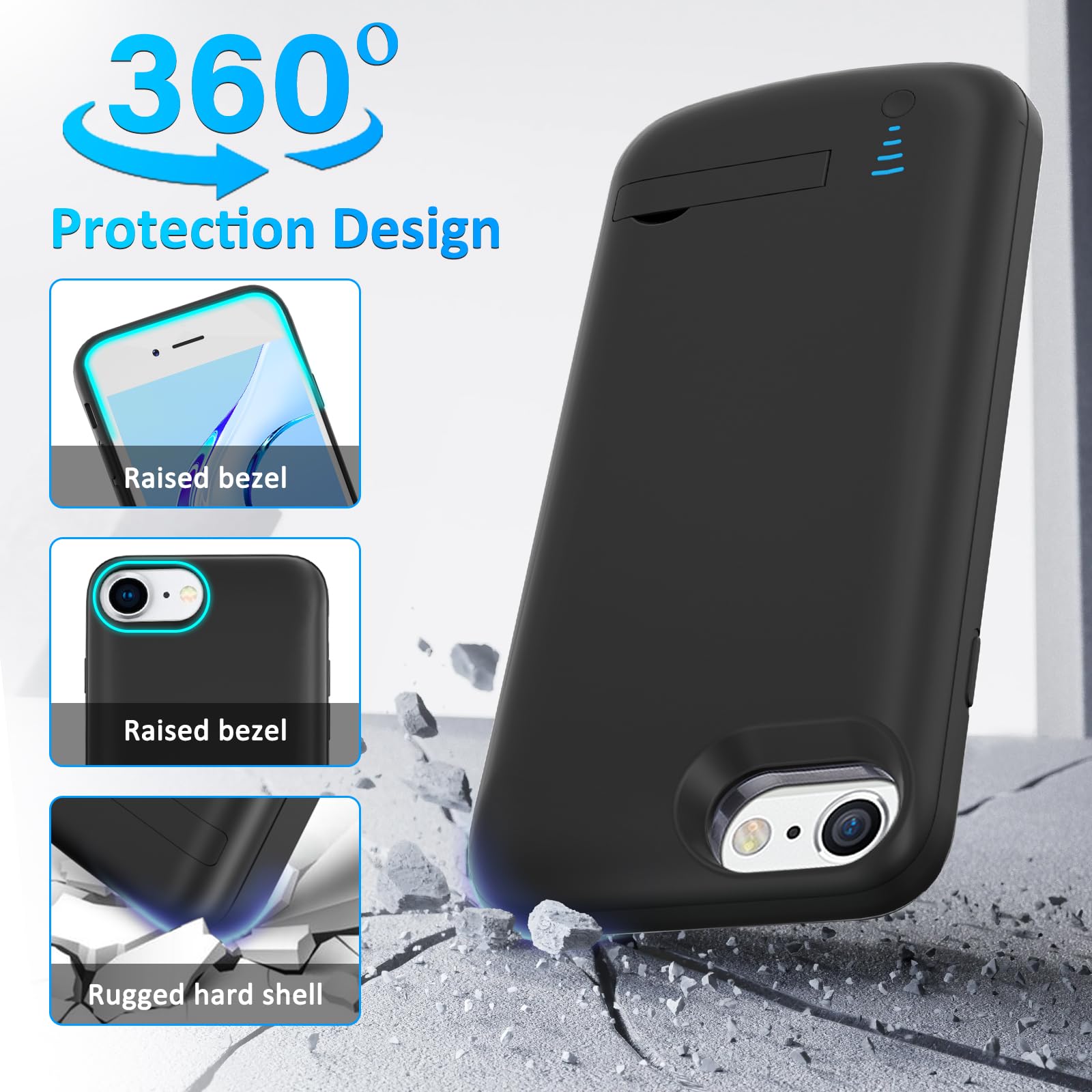 Gladgogo Custodia Batteria Per IPhone 6/6s/7/8/SE (2020/2022) -4,7", 6000mAh, Cover Batteria Aggiuntiva Con Supporto, Custodia Di Ricarica Powerbank Per IPhone 6/6S/7/8/SE