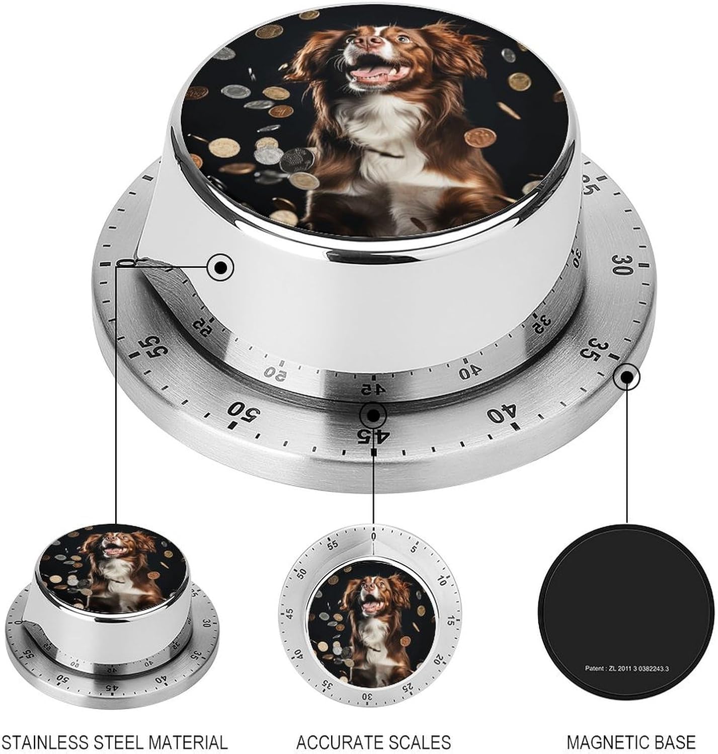 A Dog and Coins Timer Magnetic Backing 100% Mechanical Desk Timers Wind Up 60 Minutes Manual Countdown Timers No Batteries Required Kitchen Timer for Cooking