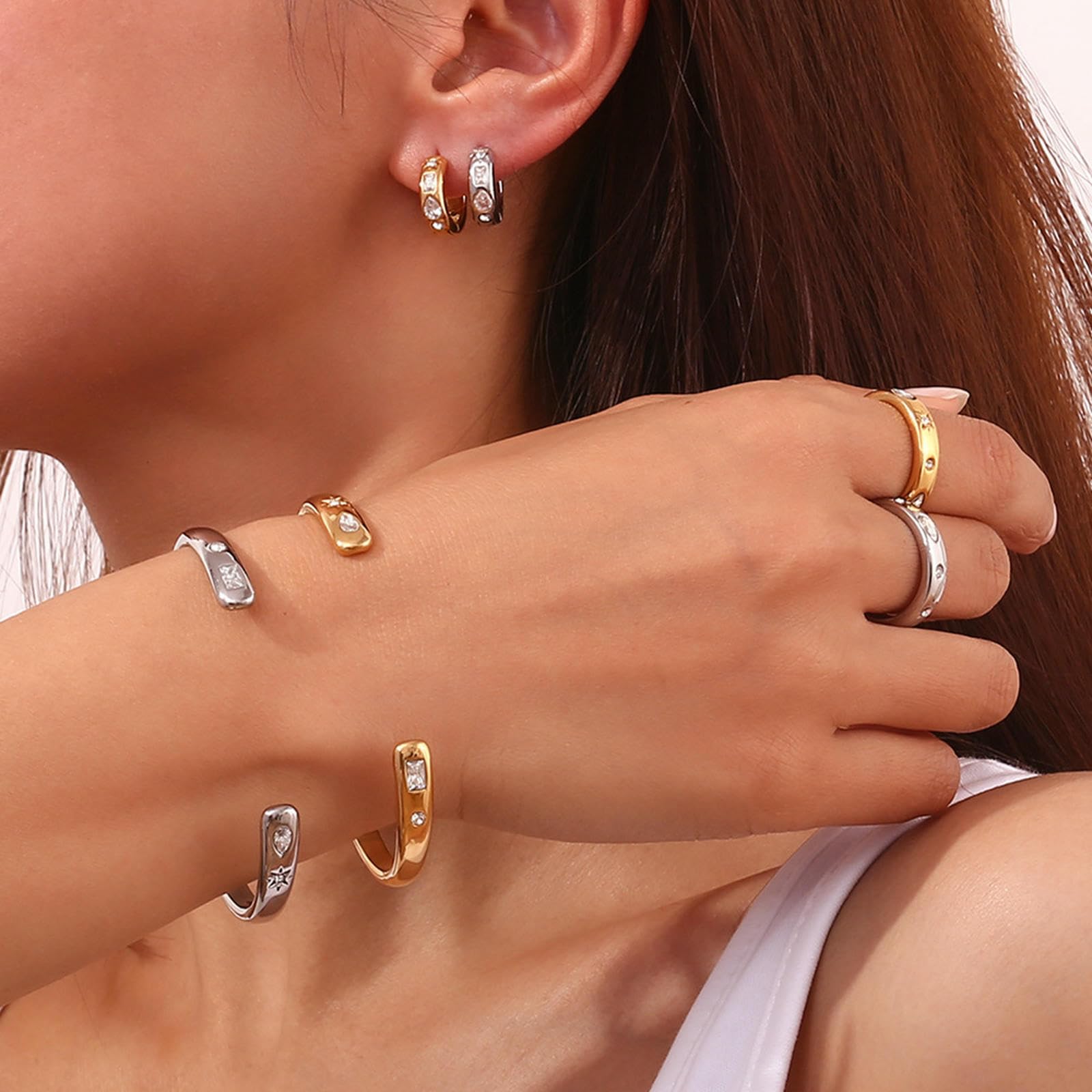 Anello da Donna in Acciaio Inossidabile Placcato Oro 18 carati Stella Pietra Rotonda Goccia d'Acqua Rettangolo Geometrico CZ Accessorio Regalo