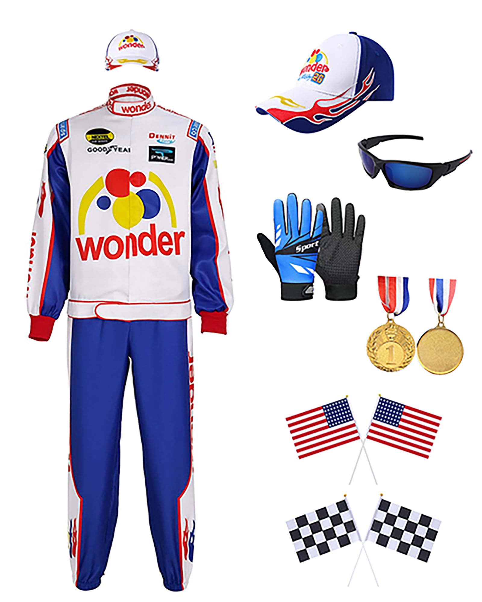 7PCS Characters Costumes in Talladega Nights Racing Jacket Outfits with Accessories Set Race Car Costume for Halloween, Blue, XXXL