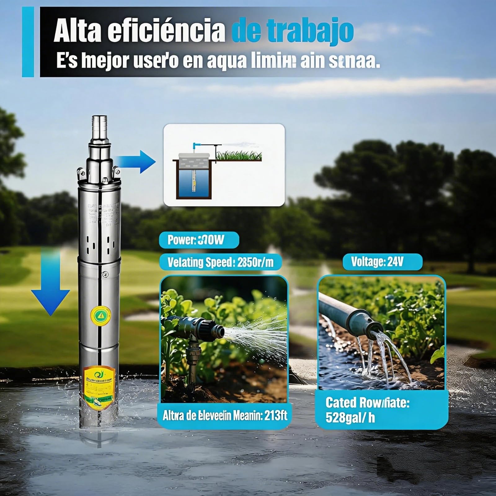 Bomba para pozos profundos, 370 W, Bombas de Agua Sumergibles para Pozo, acero inoxidable, 24 V, 2860 r/min, caudal de 5,9 pies ³/h Max Lift 65 m
