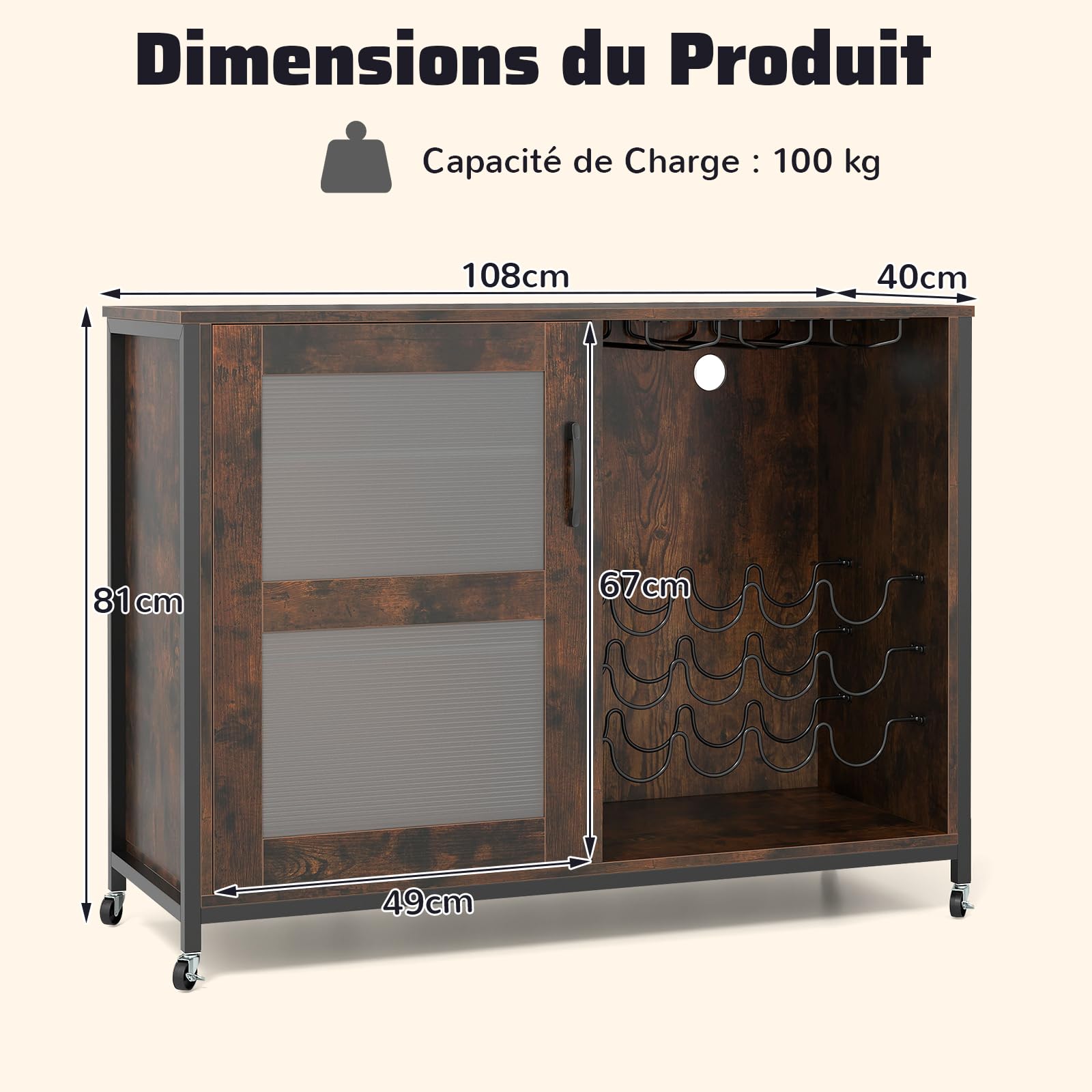 COSTWAY Meuble Bar à Vin avec Lumière LED, Buffet de Cuisine pour 42 Bouteilles, Placard avec Étagères Réglables, Supports à Verres, Industrielle, Chariot sur roulettes pour Salle à Manger, Salon