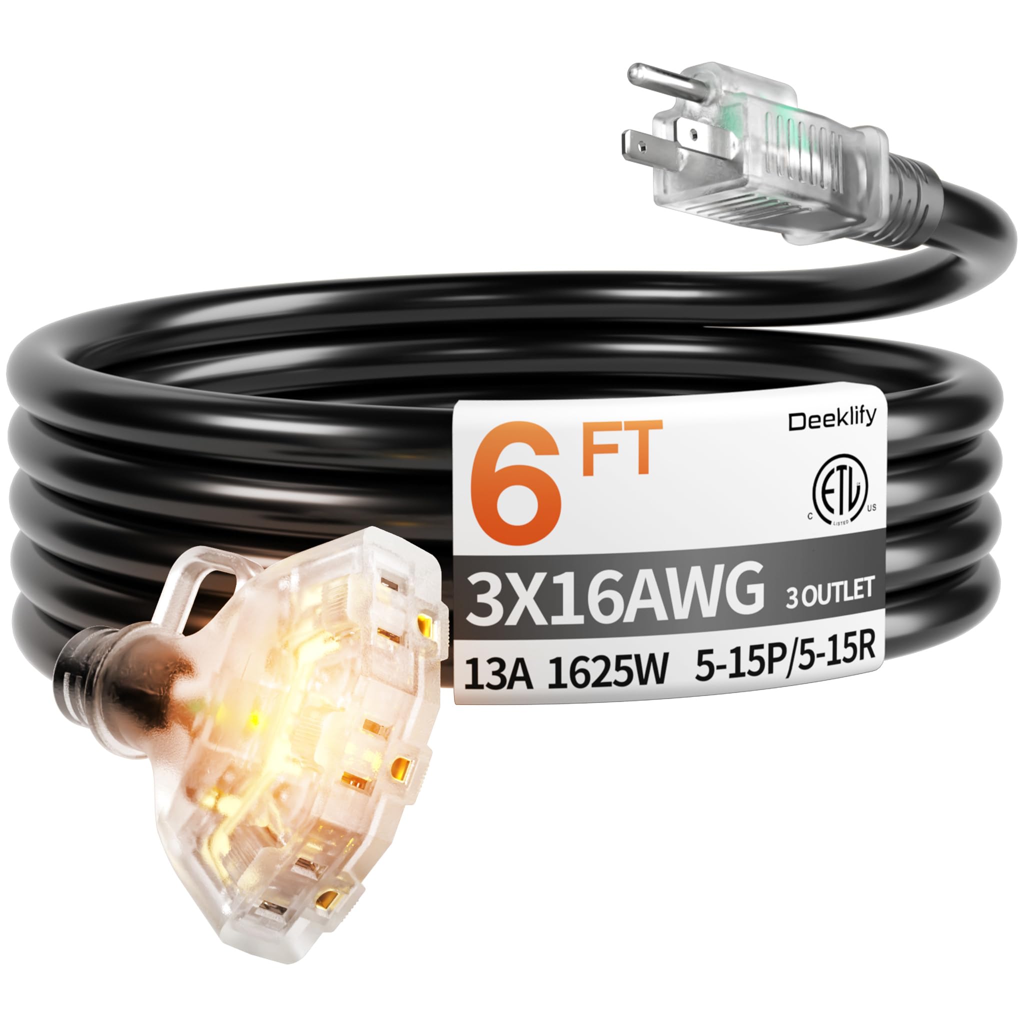 Deeklify 6 ft 16/3 awg 3 Outlet Extension Cord Splitter with Indicator, Waterproof Indoor/Outdoor Extension Cord with Multiple Outlets, 13A 1625W for