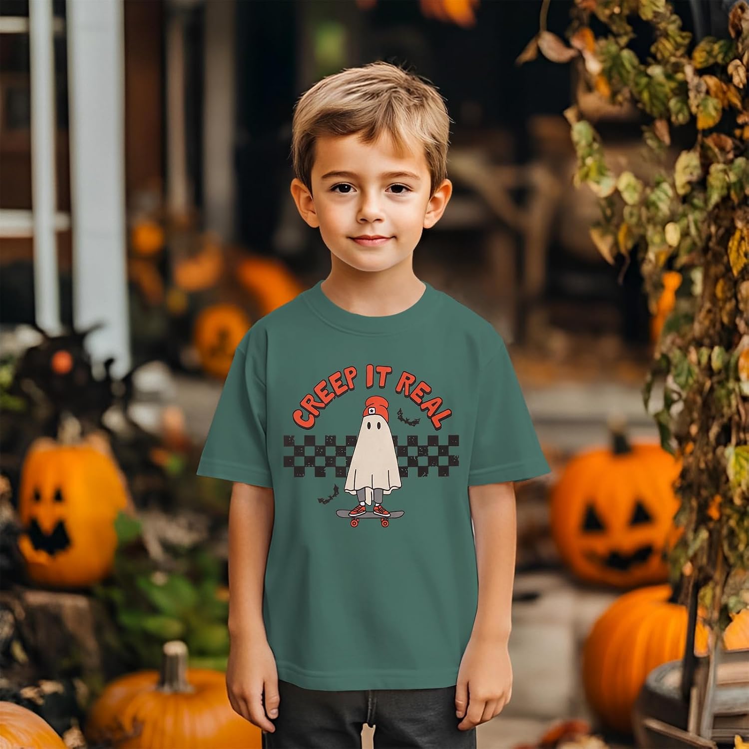 GLIGLITTR Girls Boys Halloween Shirt Cute Ghost Tshirt Creep It Real Short Sleeve Tee Tops Kids Spooky Season Fall Outfits