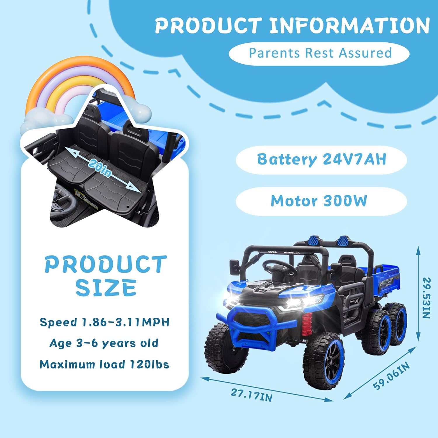 24V Ride On Toys for Big Kids, 4WD 6X6 2 Seater Ride On Dump Truck with Remote Control, 20inch Seat, 3 Speeds, High Efficiency Battery, 4X100 Motors, Music, Ride On Car for Boys Girls, Blue