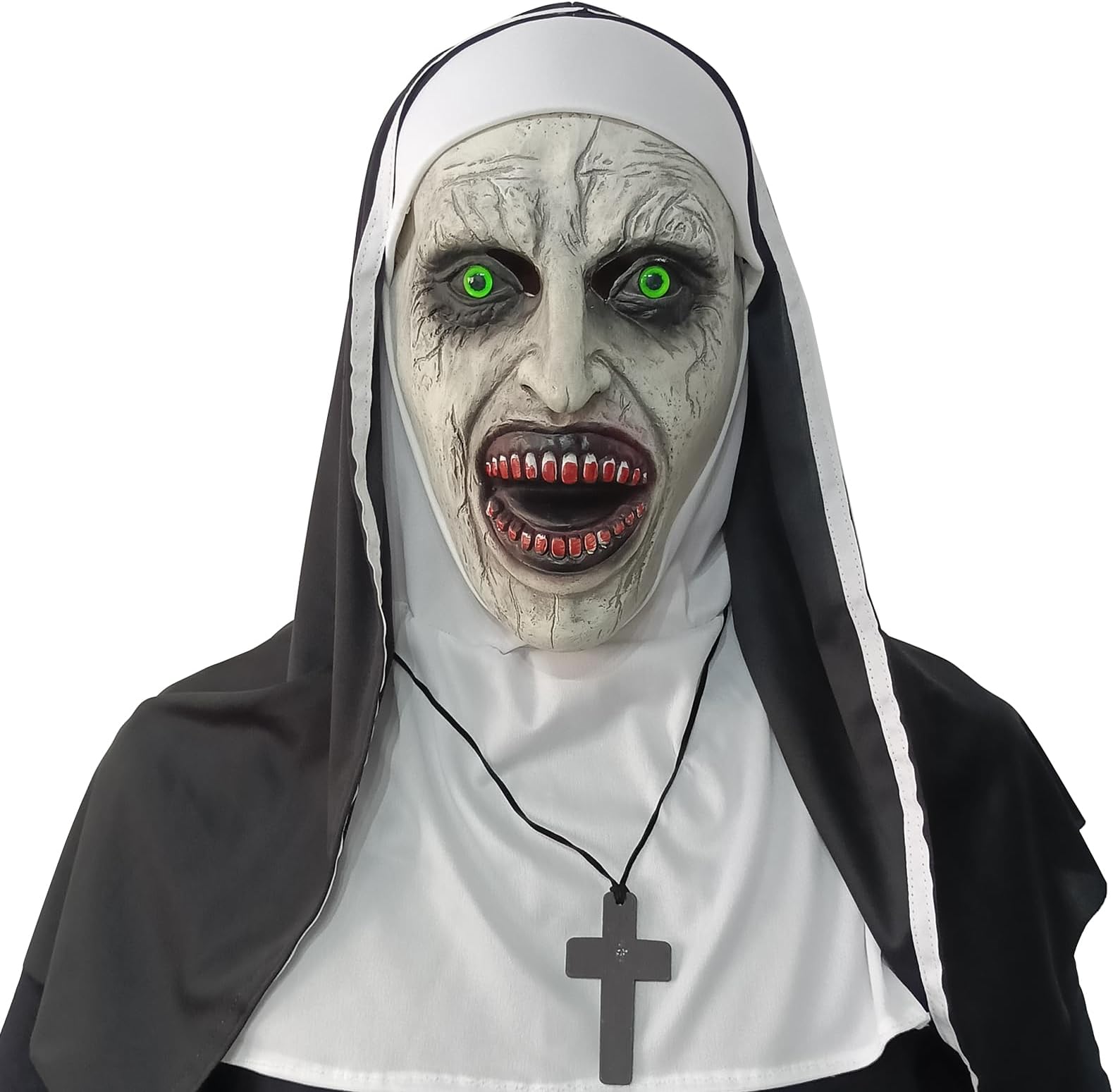 lewexiison2024 Nun Scary Mask,Halloween Party Scary Full Head Costume Mask with cross necklace