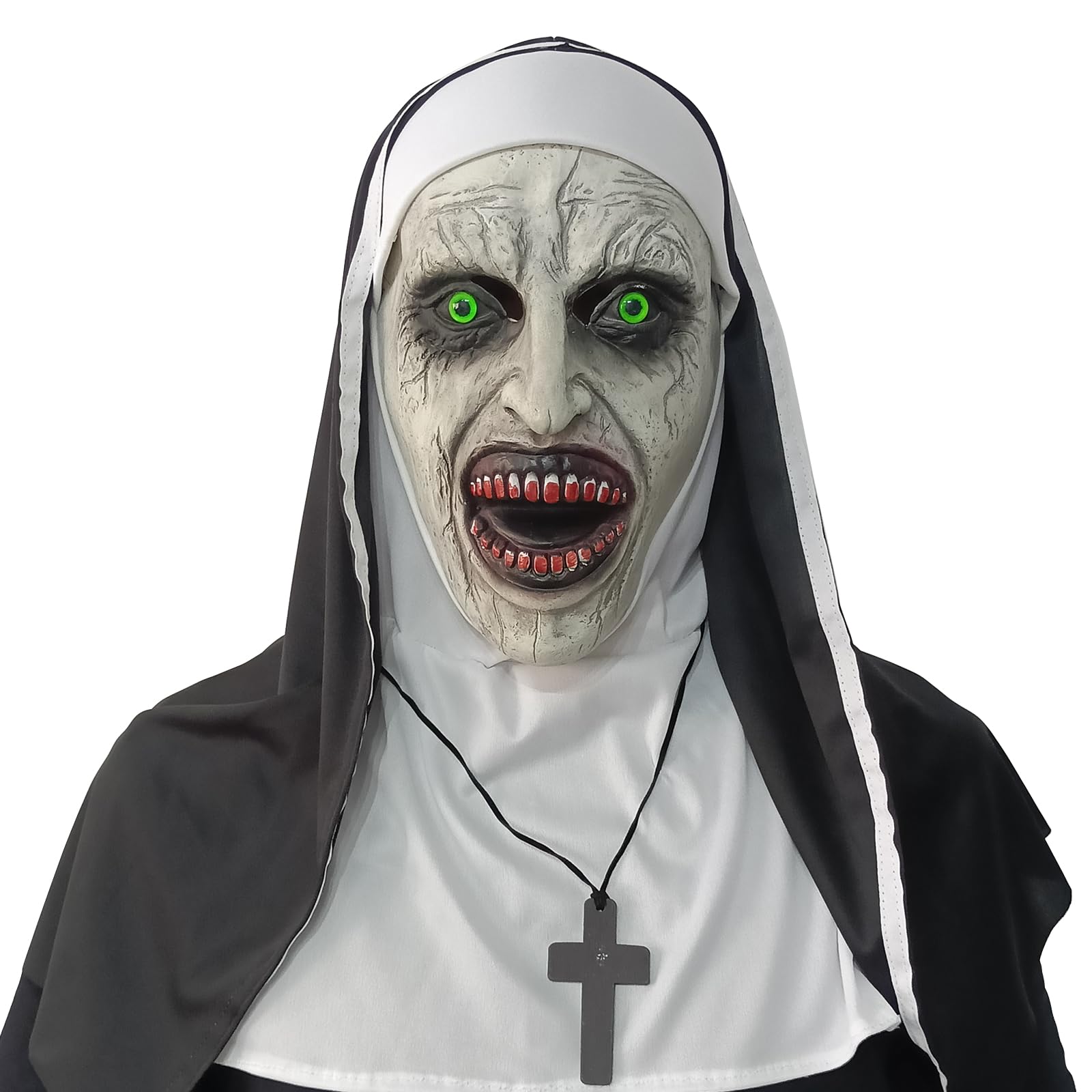 lewexiison2024 Nun Scary Mask,Halloween Party Scary Full Head Costume Mask with cross necklace