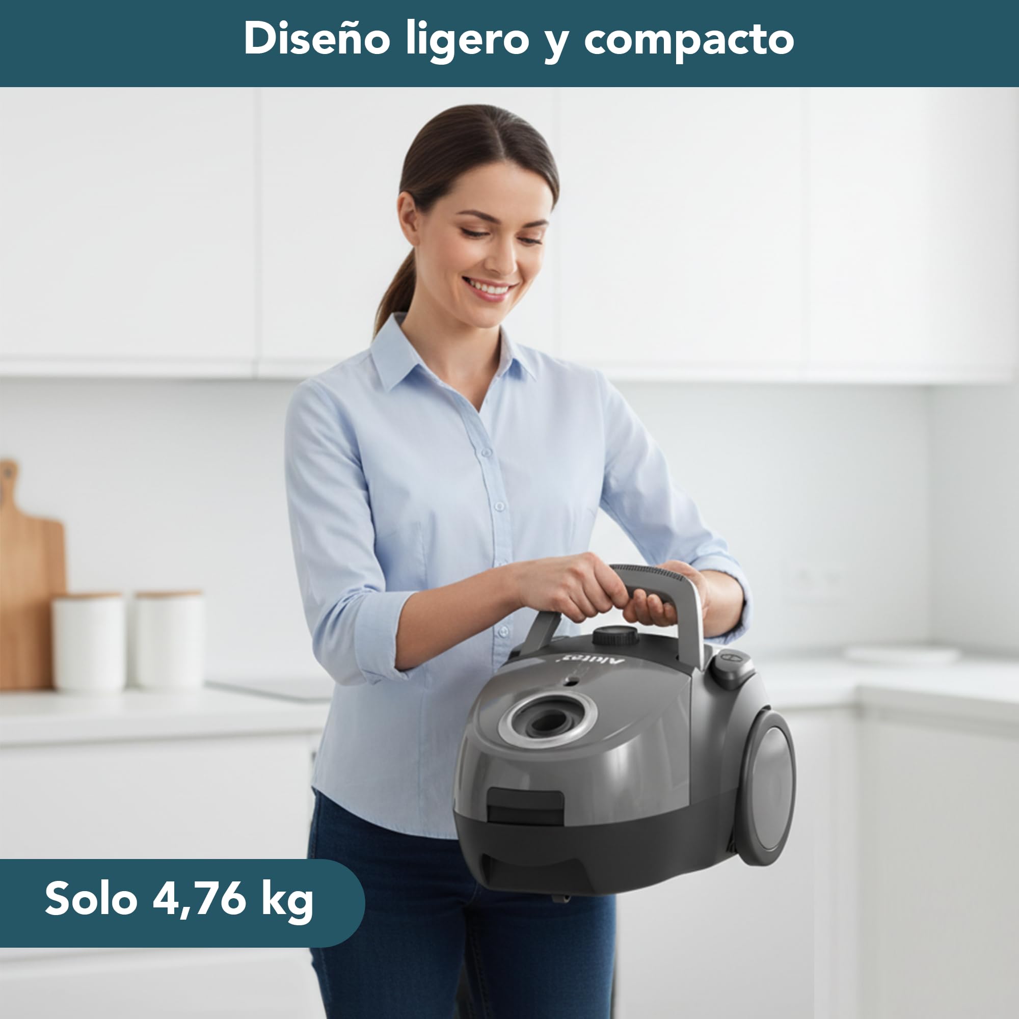 Akitas C5 Aspiradora con Bolsa 850W, Alcance 9m, Cabezal Alemán Wessel-Werk, Filtro HEPA para Mascotas y Alergias, Ligera y Compacta