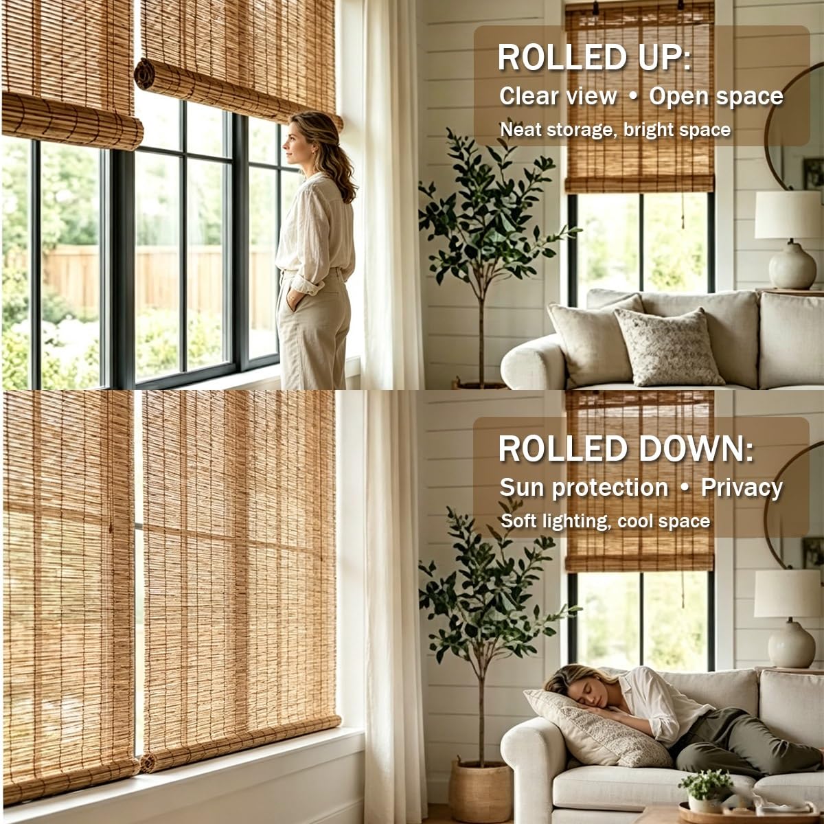 Store Bambou Intérieur sans Percage, 80 100 120 130 135 140 145 155 160 cm Store Enrouleur Bambou Naturel, Rideau Thermique Occultant pour Pergola Balcon Terrasse(W140 cm x H240 cm)