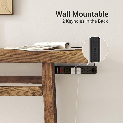 Miniatura 6 de DEWENWILS Regleta protectora contra sobretensiones de 25 pies, tiras de 6 salidas con enchufe plano de perfil bajo, disyuntor de 15 amperios, 500