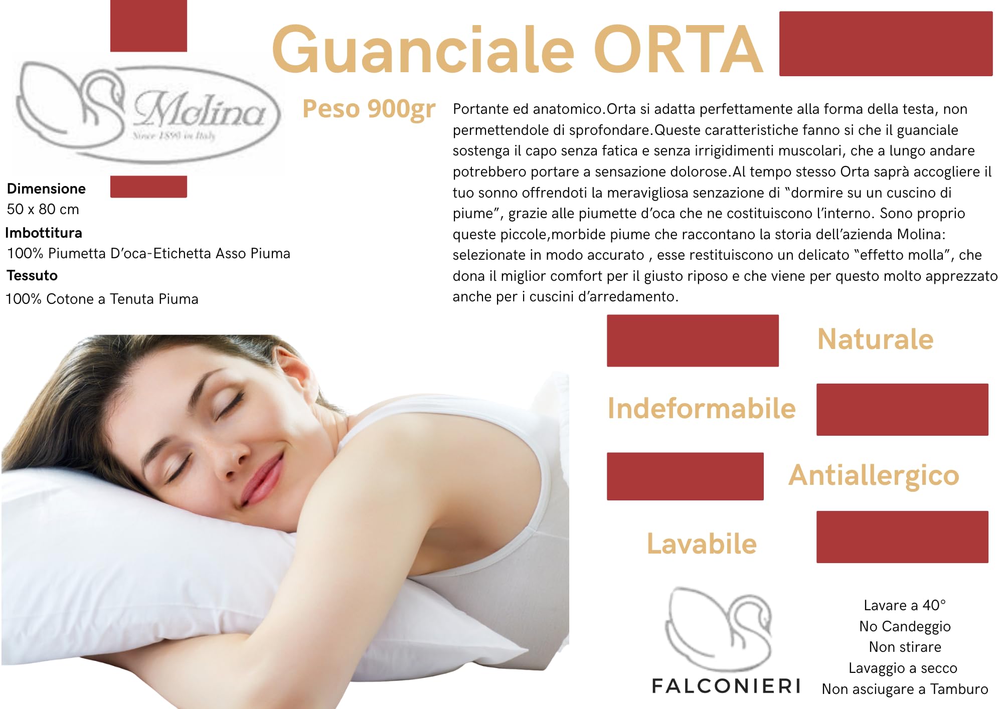 Falconieri Guanciale in Piuma d'Oca - 100% Piumetta, Fodera 100% Cotone, Anallergico, Tenuta Piuma GR. 900 CUSCINO LETTO 50 X 80 CM CON CORDONCINO