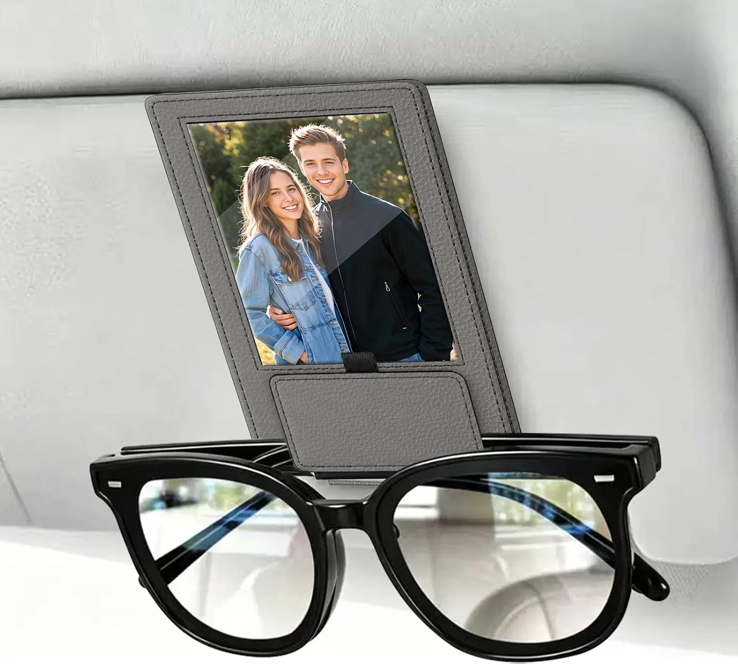 2-in-1 Car Visor Sunglasses & Photo Holder, Magnetic PU Leather Glasses Clip with Picture Display Slot, Universal Sun Visor Organizer for Eyeglasses, Personalized Cards & Memories, Gray