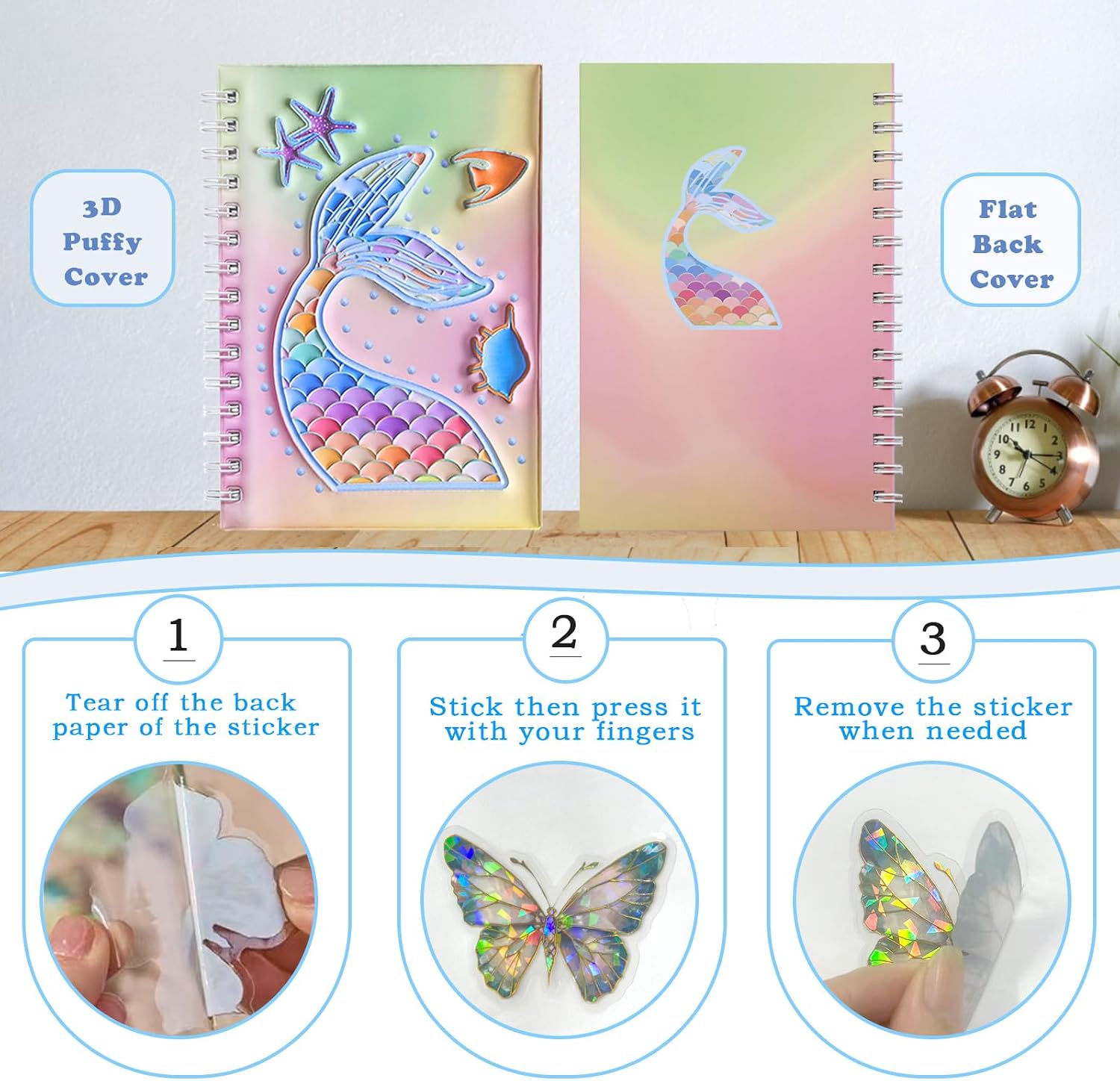 MUDOR Reusable Sticker Book for Collecting - A5 Album Organizer with 3D Puffy Cover, 40 Sheets (80 Pages) Silicone Release Paper, Blank Sticker Storage Collection Book for Kids Girls Adults (Fish)