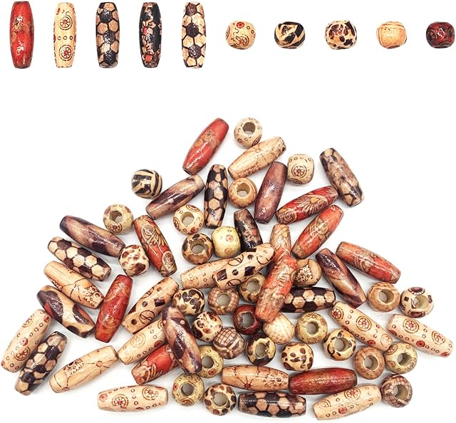 100PCS Printed Wooden Beads,Macrame Large Hole Beads Wooden Oval Beads Various Pattern Loose Wooden Beads,Natural Round Wooden Loose Beads for DIY Macrame Crafts Bracelet Necklace Jewellery Making