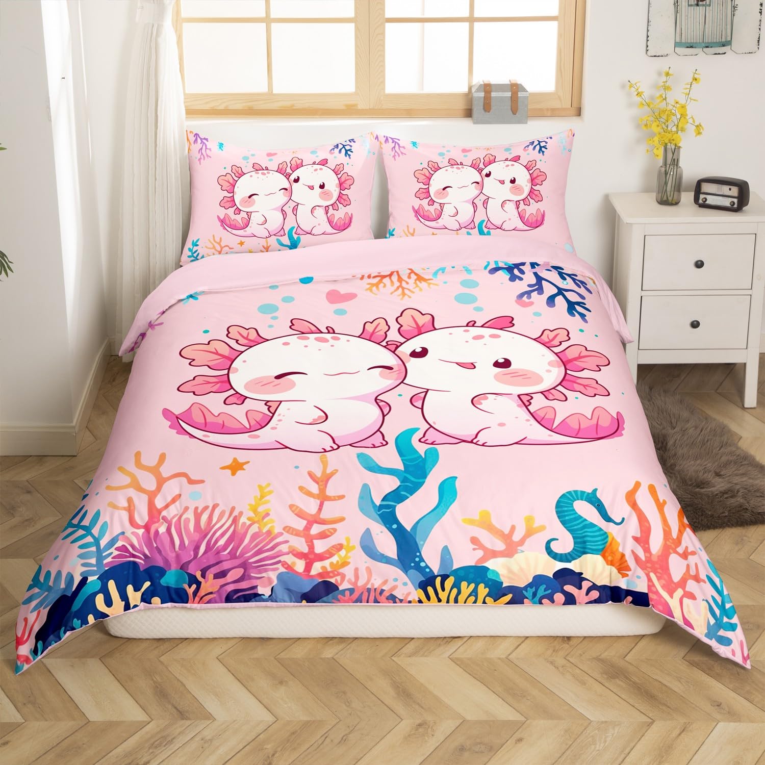 Manfei Kawaii Axolotl Duvet Cover Full for Kids Girls,Underwater Sealife Pink Animals 3 Pieces Duvet Cover,Colorful Seaweed Coral Comforter Cover (Not Comforter),Dreamy Ocean Landscape Quilt Cover
