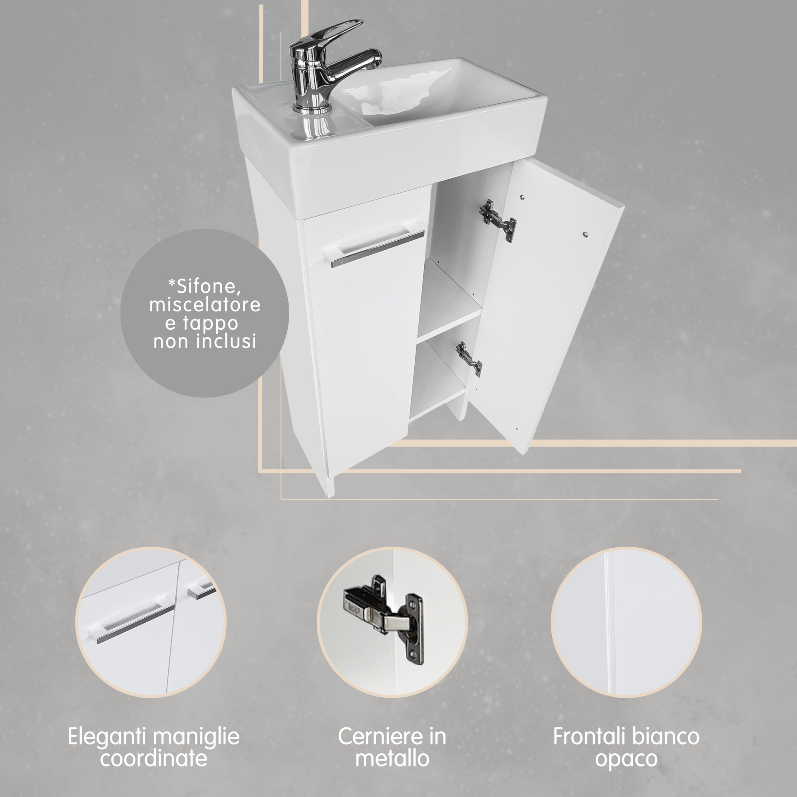 Lavandino Bagno con Mobiletto 41 cm Malibu, Ceramica, Mobile Bagno con Lavabo, Mobile Lavabo, Mobiletto Sotto Lavandino - Bianco