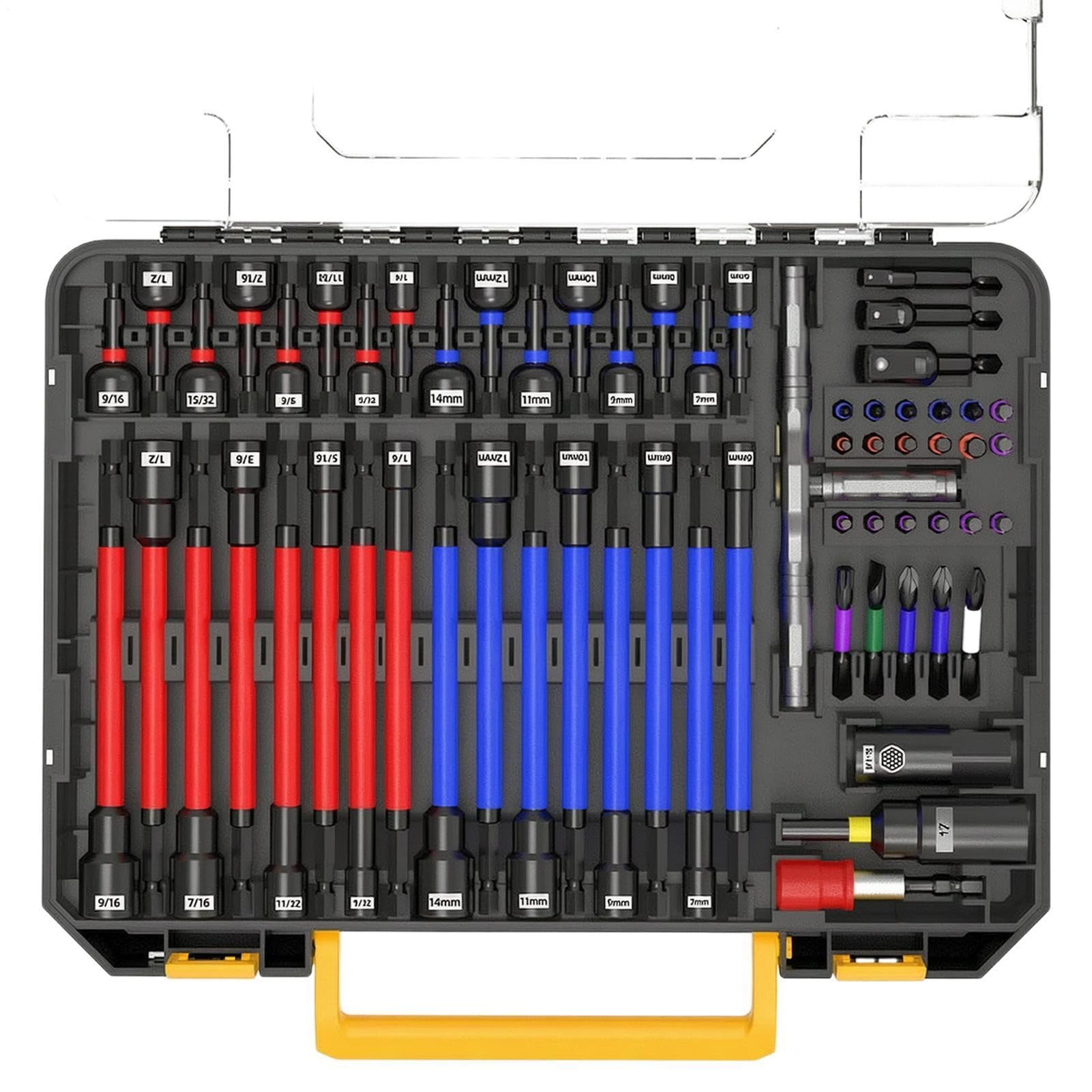 Magnetic Nut Driver Set High Torque Sockets, 62 Piece Drill Bit Adapter | Mocny uchwyt magnetyczny, zestaw narzędzi do naprawy samochodów, prac budowlanych, domu, garażu