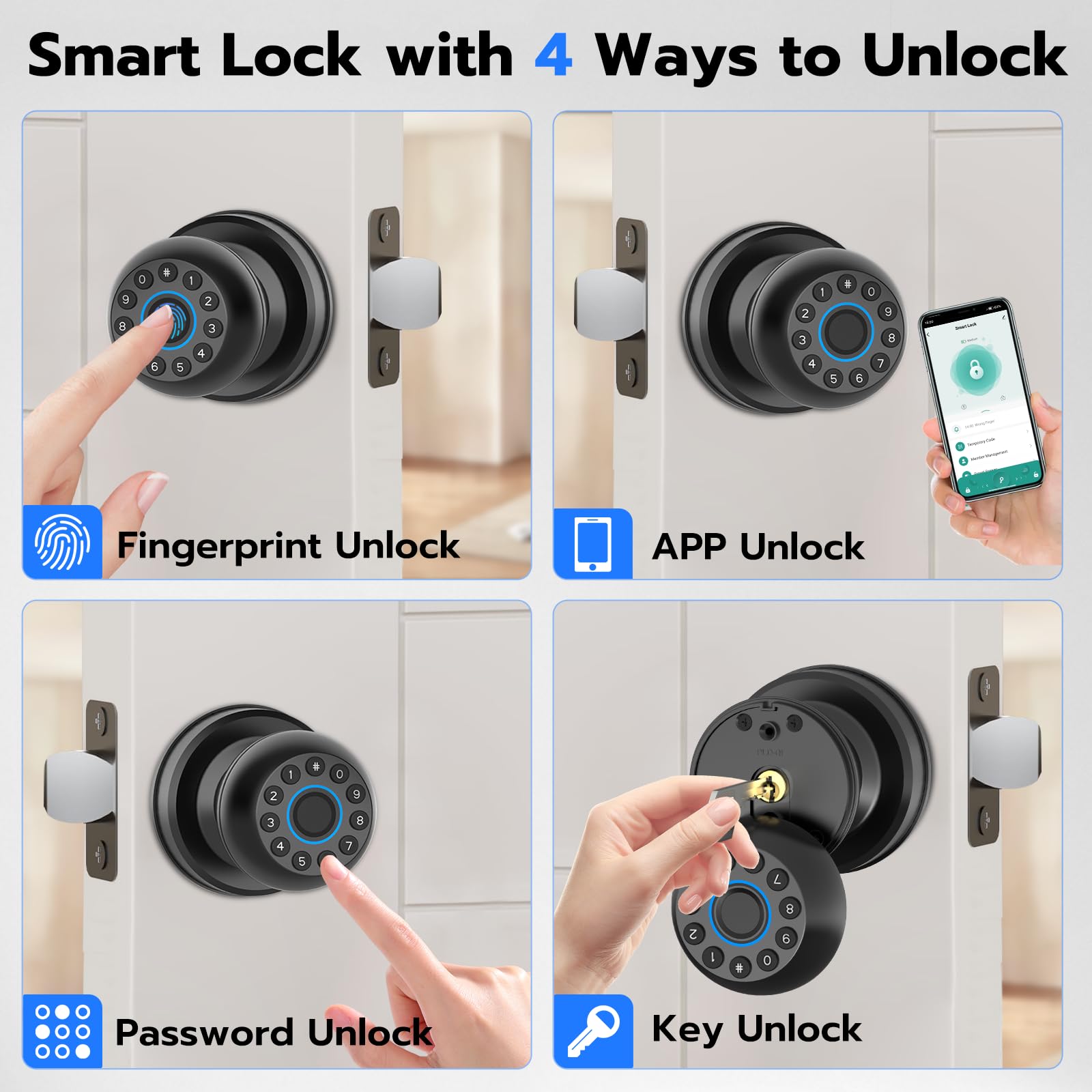 Eseesmart Fingerprint Door Knob, 4-in-1 Smart Lock with Keypad Bluetooth Control, Biometric Door knobs with App Control - Image 2