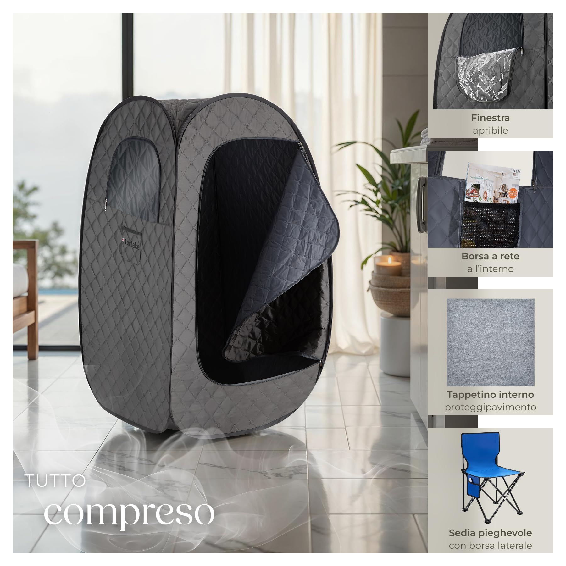 Sauna da Casa a Vapore Portatile Pieghevole 1000 W 15 Livelli Temperatura Grigio
