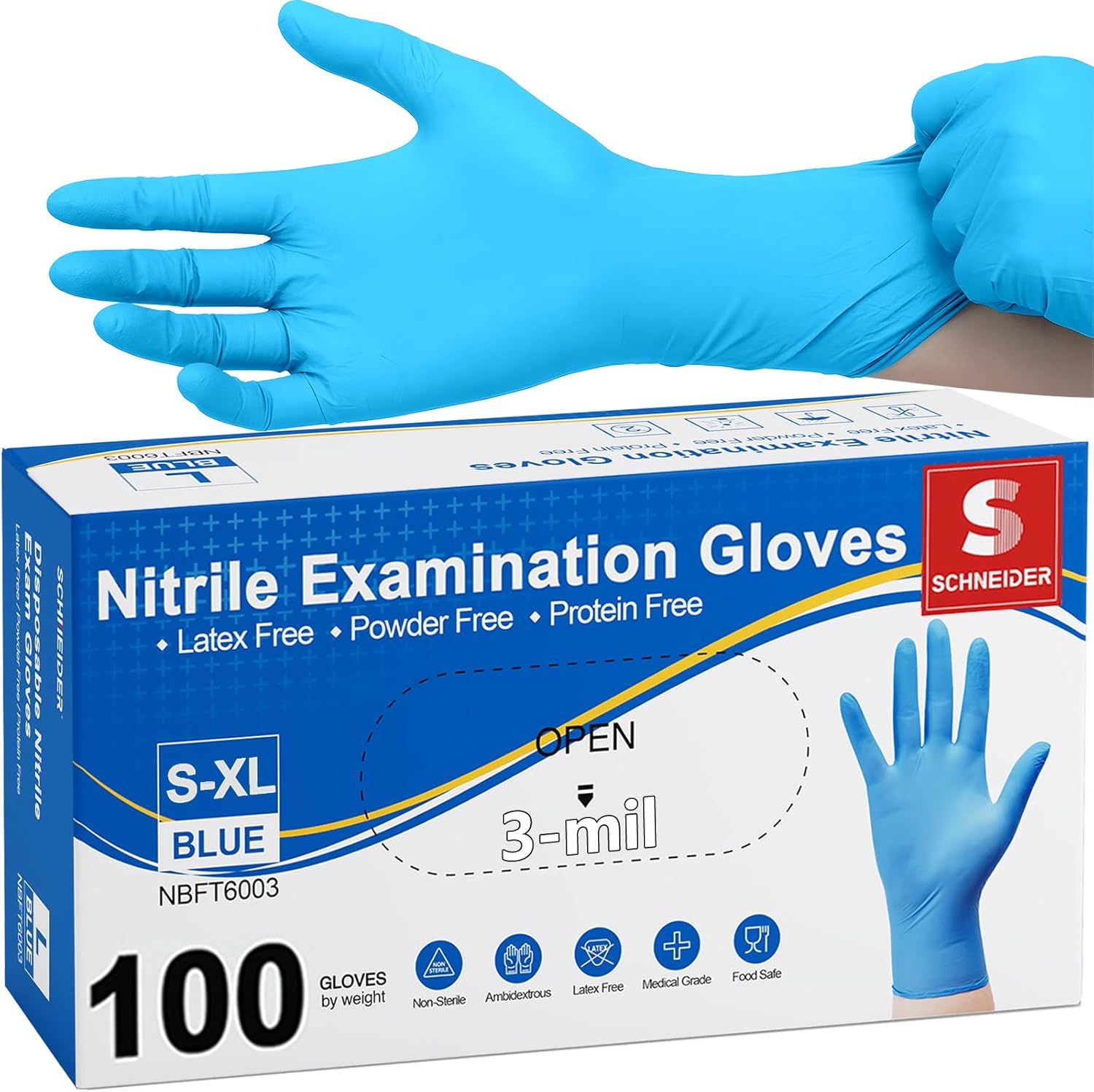 Schneider Nitrile Exam Gloves, Medical Grade Blue Disposable Gloves Latex Free, Rubber Glove for Cleaning, Cooking, Food Prep