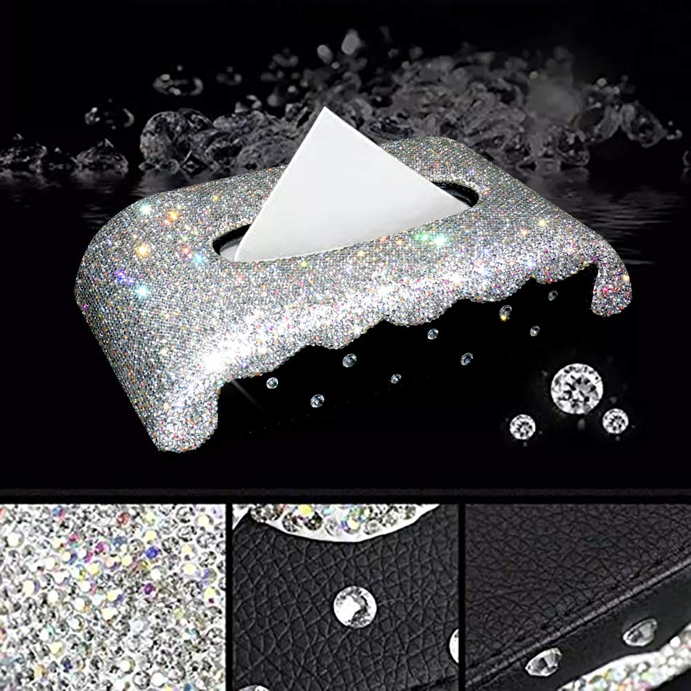eing Luxury Tissue Box Cover with Bling Crystal Diamonds,Leather Paper Napkin Holder for Car,Home and Office - White