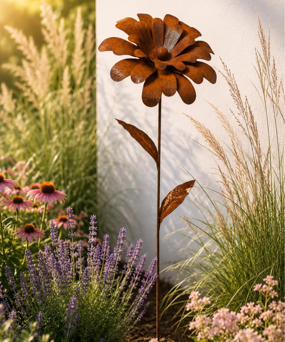 Terma XXL Rost Blume mit Einer Blüte 1,2m Gartenfigur groß, Metallfigur Garten Deko Blume für den Garten rostdeko Figur Metall Blume aus rost deko :