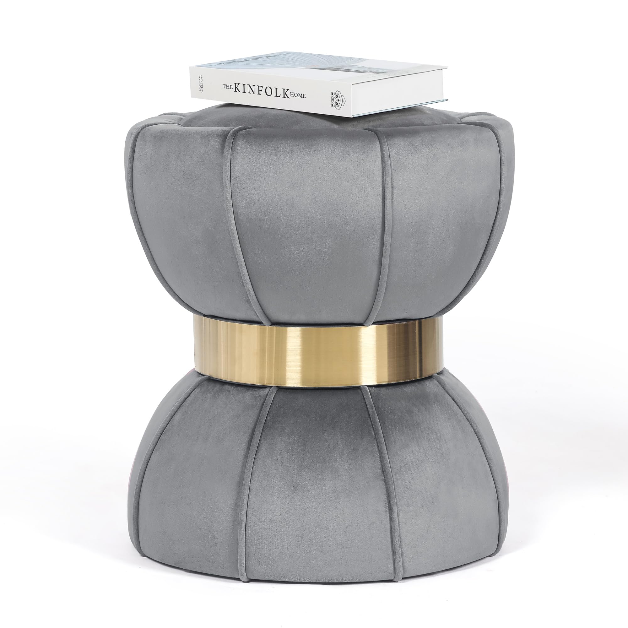 Joveco Round Velvet Ottoman with Gold Metal Band, Modern Circle Upholstered Foot Rest Stool Vanity Pouf Footstool for Dorm, Living Room, Bedroom, Grey
