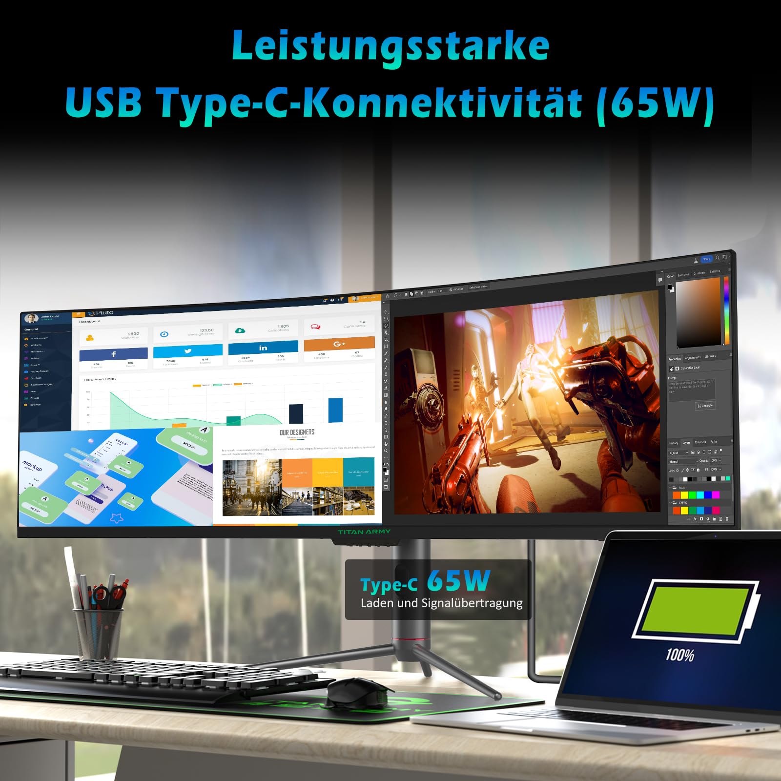 TITAN ARMY 49" Monitor Gaming Curvo, 144Hz, DFHD 3840 x 1080, UltraWide 1800R VA PC Monitor, 32:9, HDR400, G-Sync & FreeSync, 99% sRGB, Altavoz, Type-C 65W, HDMI, DP, RJ45, C49SHC