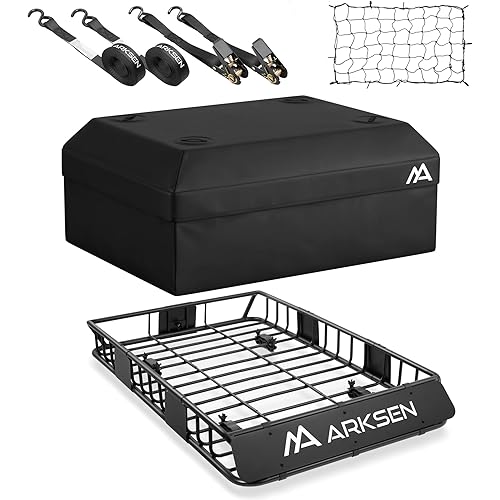 ARKSEN 54 x 34 x 6 Inch Universal Roof Rack with Extension, 600D Waterproof Bag, 2 Ratchet Straps&Net, 150 LBS Capacity Heavy Duty Rooftop Cargo Basket for SUV, Truck, RV, Pickup