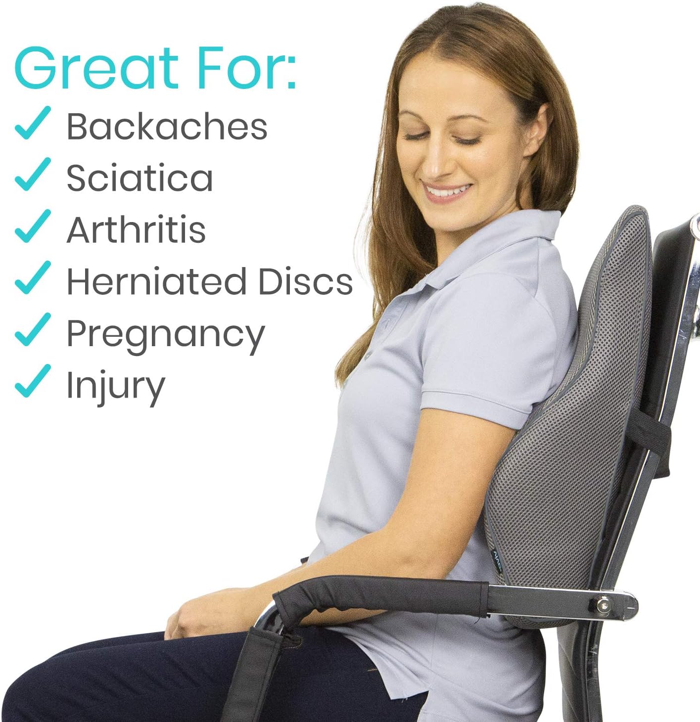 Vive Full Lumbar Cushion - Memory Foam Contour Support for Lower Back Pain - Ergonomic Pressure Relief for Office Chair, Car - Large Mesh Orthopedic Seat Backrest Roll for Improving Posture (Gray)