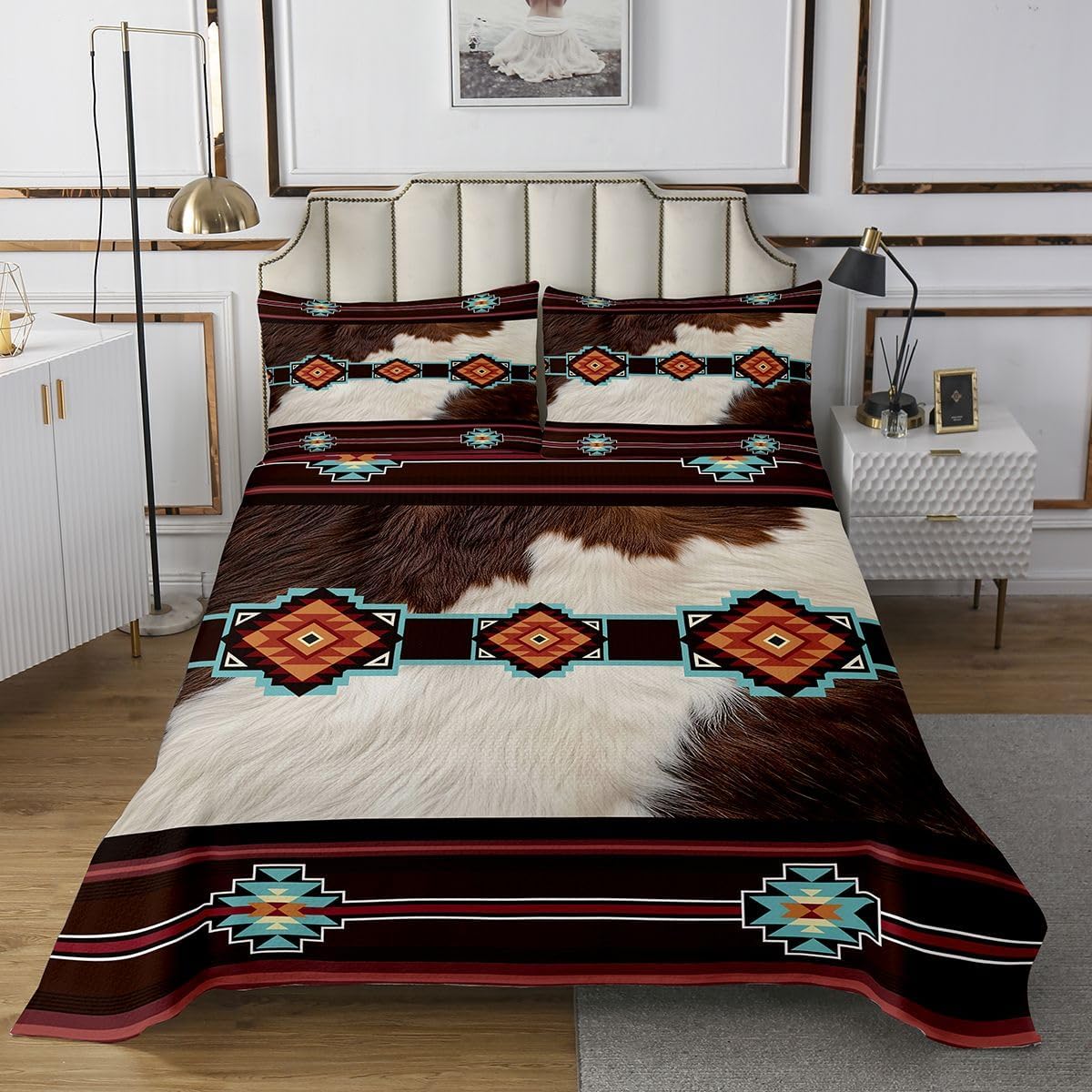 Feelyou Western Quilt Set King Size Southwestern Bedspreads for Kids Boys Girls Teens Cowboy Decor Cow Print Coverlet Aztec Ethnic Tribal Quilted Bedspread Brown Beige Bedroom Decor