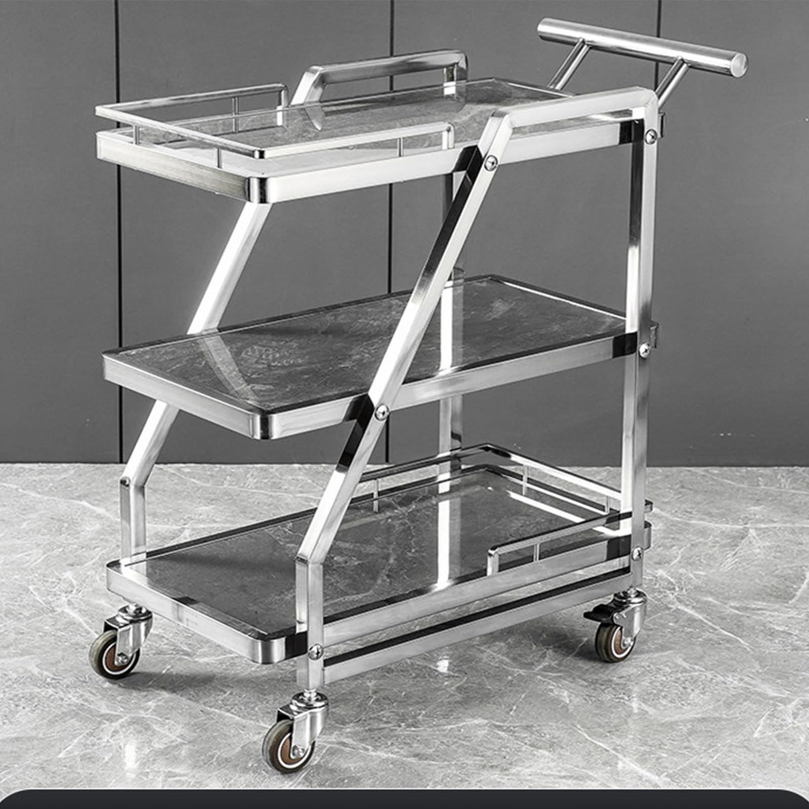 3 Tier Stainless Steel Rolling Serving Cart, Rock Panel Utility Trolley for Restaurant KTV Hotel Food Snack Drinks Transport(J)