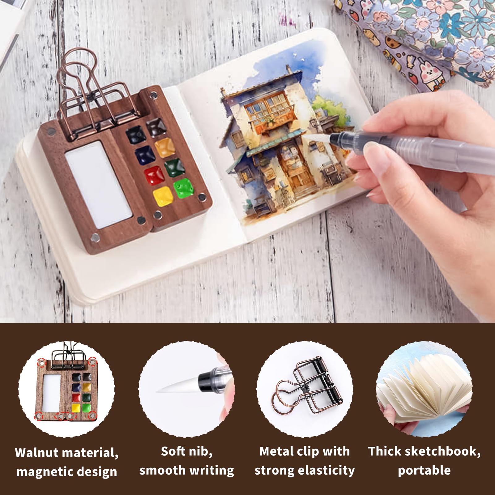 Set Da Viaggio Per Acquerello In Legno, Mini Tavolozza 8 Colori Con Quaderno, Pennello E Accessori