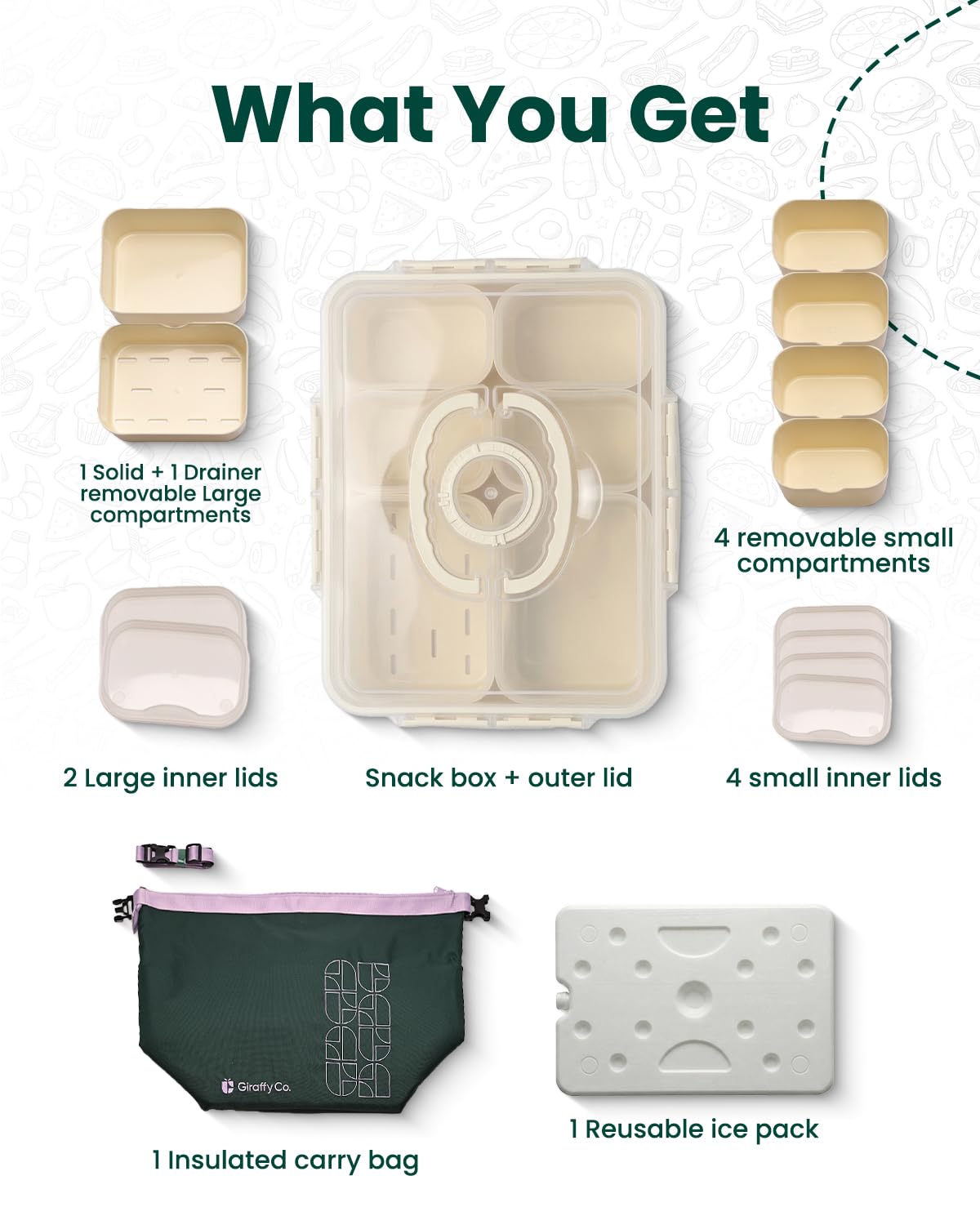 Snackbox Creamy White z przegródką ociekową, przenośna snackle box z torbą termoizolacyjną i wielorazowym wkładem chłodzącym, 6 wyjmowanych przegródek (2 duże + 4 małe) osobnymi pokrywkami