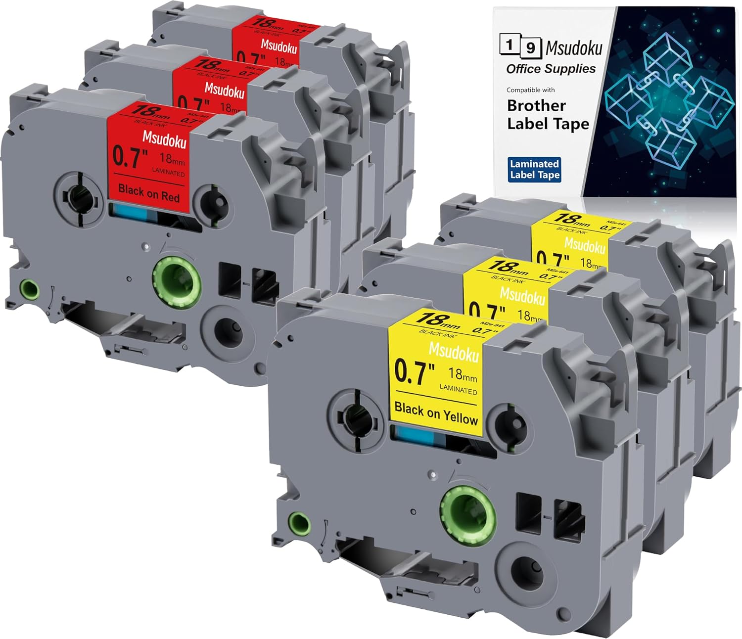 3PK Tze441 Red and 3PK Tze641 Yellow Tape 18mm 0.7 Laminated Compatible for Brother P Touch Label Maker Tape TZe-441 TZe 641 Label Tape for PT D400 D600 D610 P710BT, 3/4 Inch x 26.2 Feet