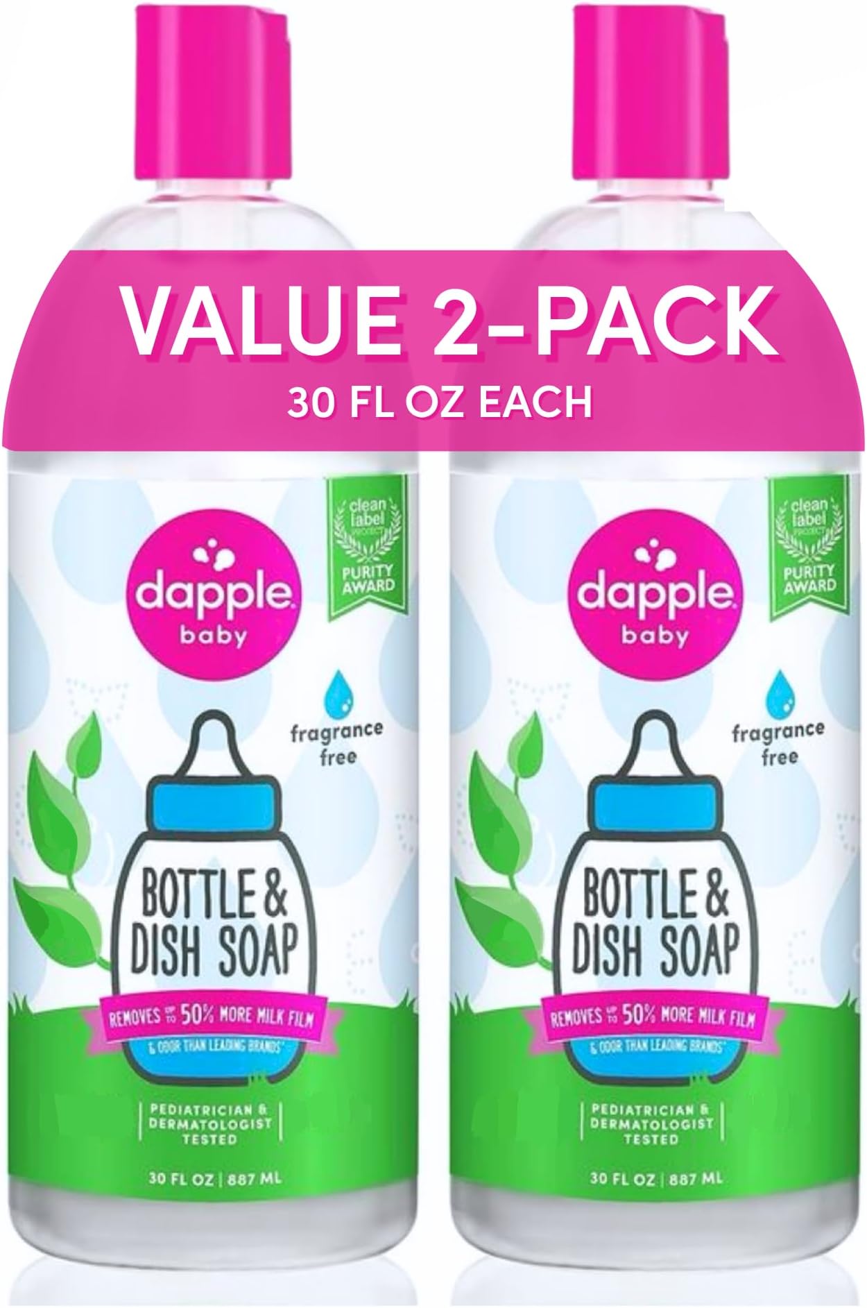 Baby Baby Bottle Soap & Dish Soap Refill, Fragrance Free, Plant Based Dish Liquid for Dishes & Baby Bottles - Hypoallergenic Soap, Liquid Soap Refill, 30 Fl Oz (Pack of 2)