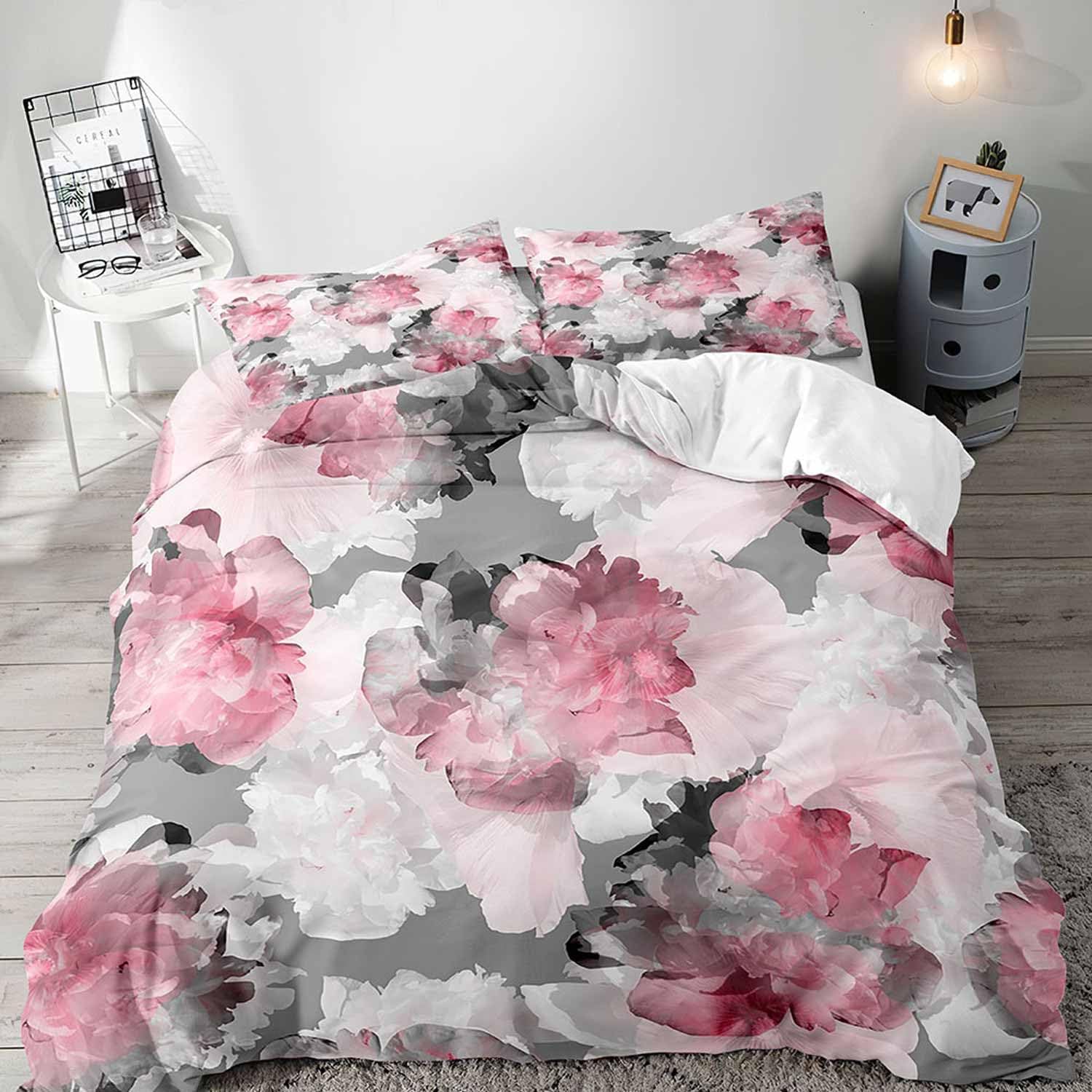 LUVIVIHOME 3PCS Grey Light Pink Floral Duvet Cover King Bedding Set, Watercolor Vintage Retro Rustic Farmhouse Boho Aesthetic Abstract Modern Blossom Peony Rose Flower Comforter Cover, 2 Pillow Cases
