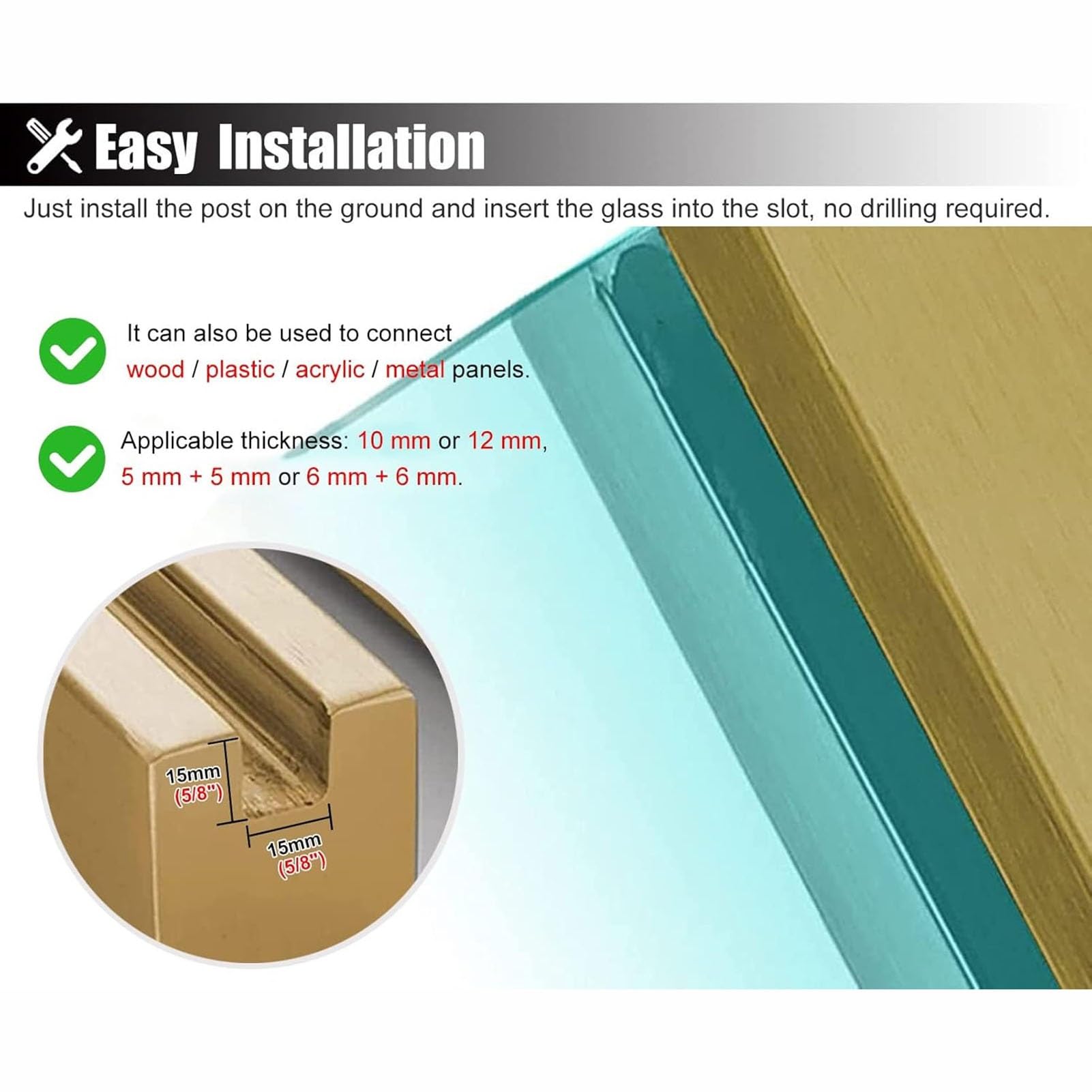 Genérico Sistema de barandilla de Vidrio Cuadrada Dorada, Postes de balaustrada duraderos para Balcones, terrazas, Patios y escaleras, Ranuras para canaletas de Vidrio para Exteriores de 65 cm de alt
