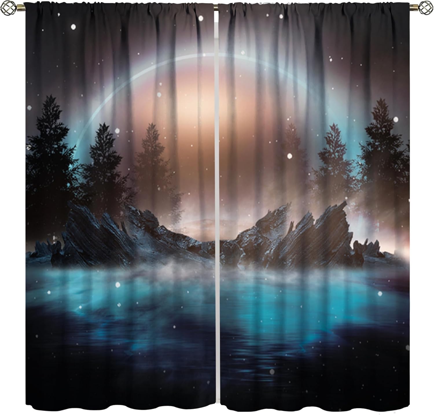 Blackout Curtains For Bedroom Landscape 170(W) X 200(H) Cm Ring Top Set Of 2 Soundproof Eyelet Darkening Curtain Thermal Insulated 3D Printed Soft Polyester Bedroom Living 9426352161373