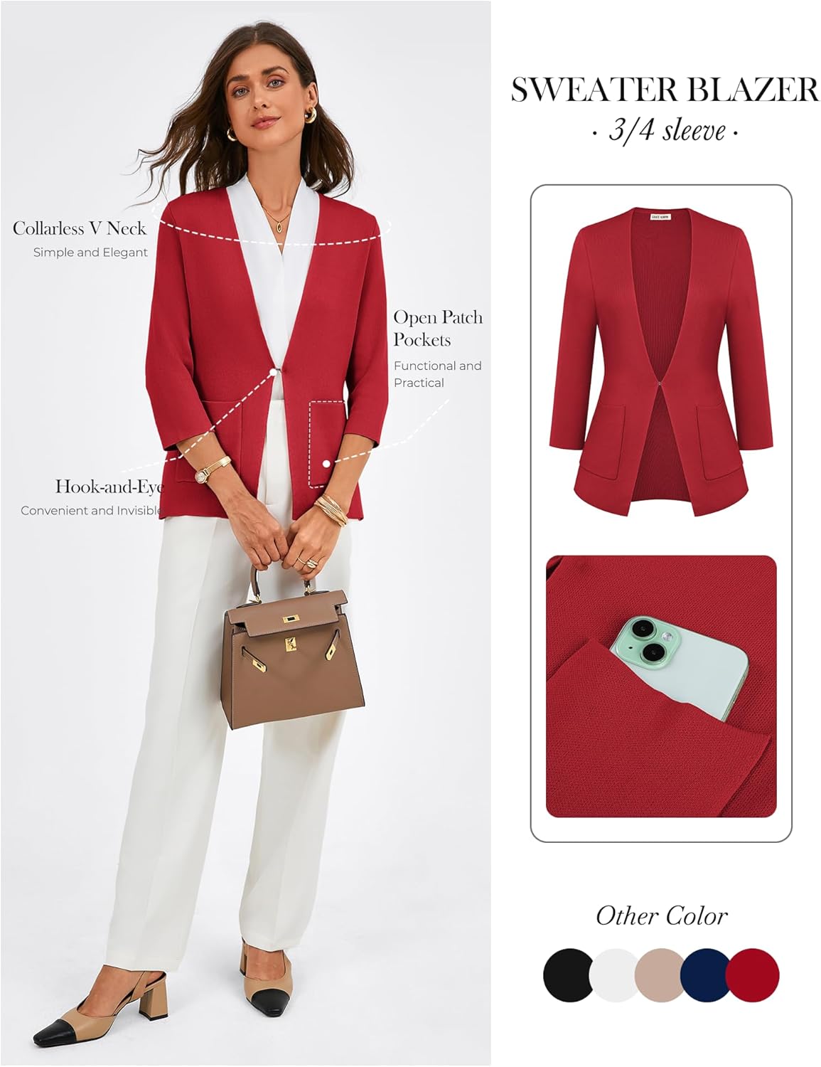 GRACE KARIN Women 3/4 Sleeve Sweater Blazer, Lightweight Open Front Cardigan, Knit Jackets Business Casual with Pockets - Image 2