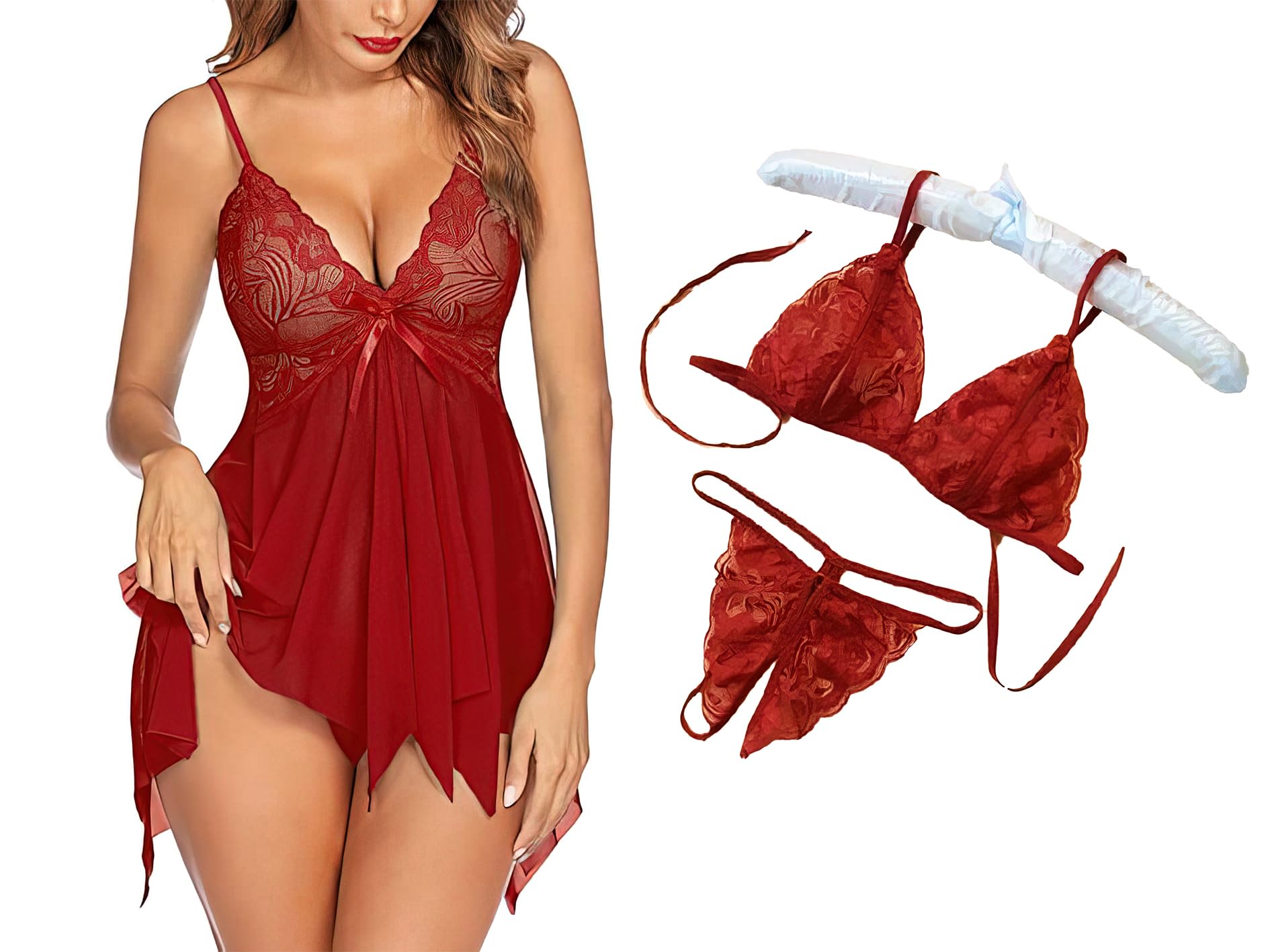 luvreena Women Babydoll Lingerie Set for Honeymoon for Woman Thongs | Sexy Night Dress Above Knee Baby Doll Night Dress Hot Transparent-picture-8