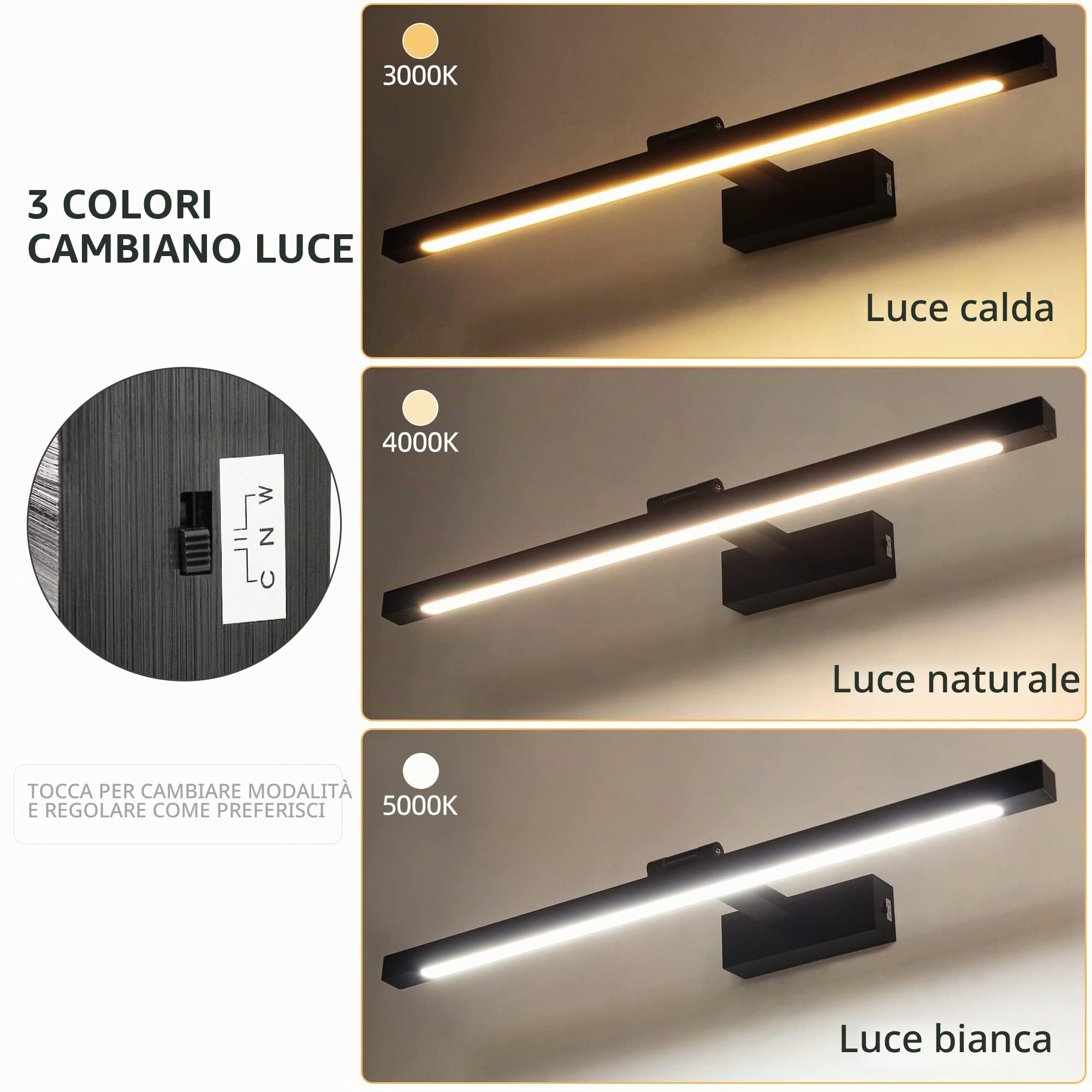MantoLite LED Luci da Parete Temperatura Colore Regolabile, 60cm 12W IP44 Applique Illuminazione Bagno Nero Spazzolato con Testa della Lampada Girevole