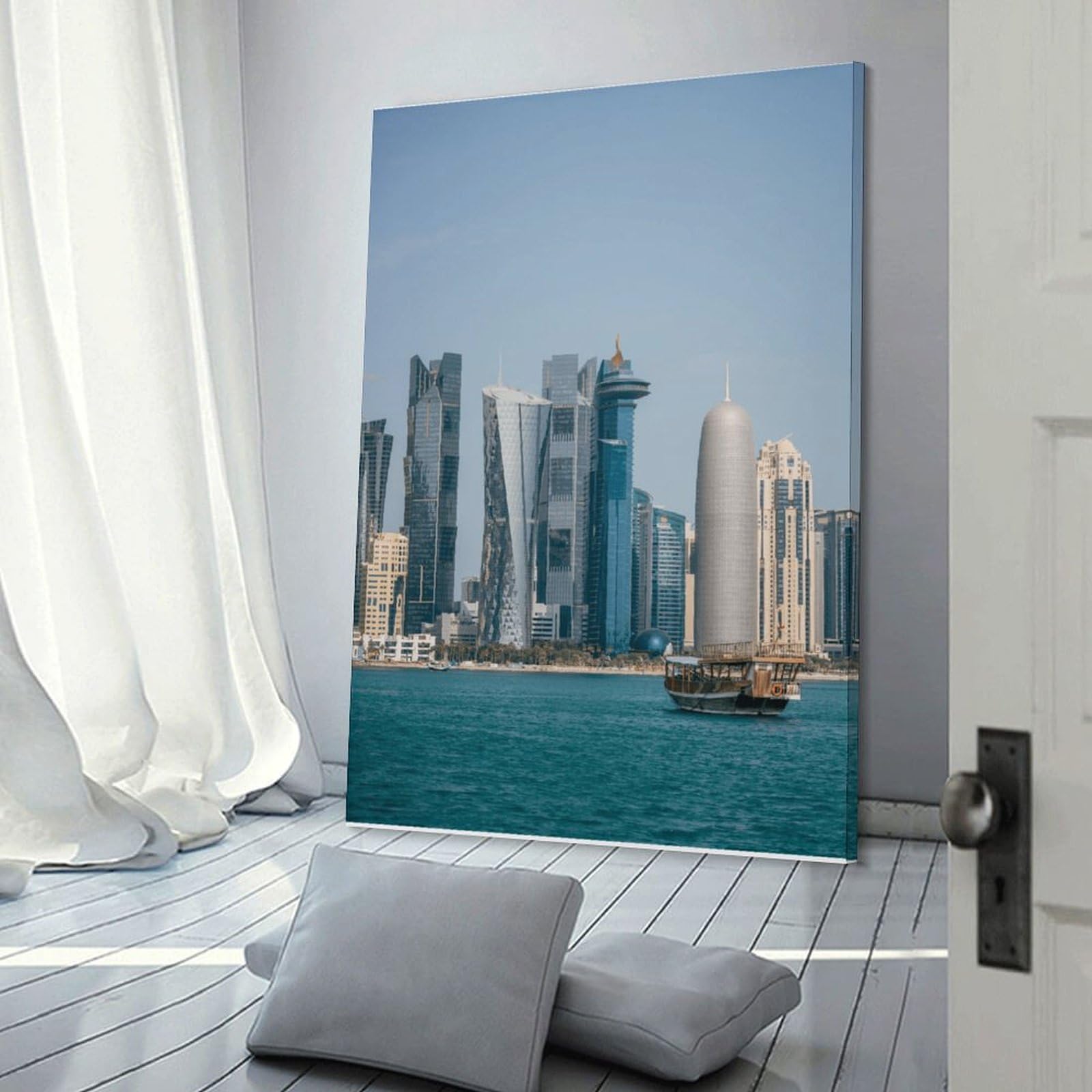 Junmoney Doha Skyline with Traditional Boat Decorative Wall Artwork 16x24inch(40x60cm), for Front Hall, Corridor Or Welcome Spaces, Decorative Wall Art for Narrow Spaces