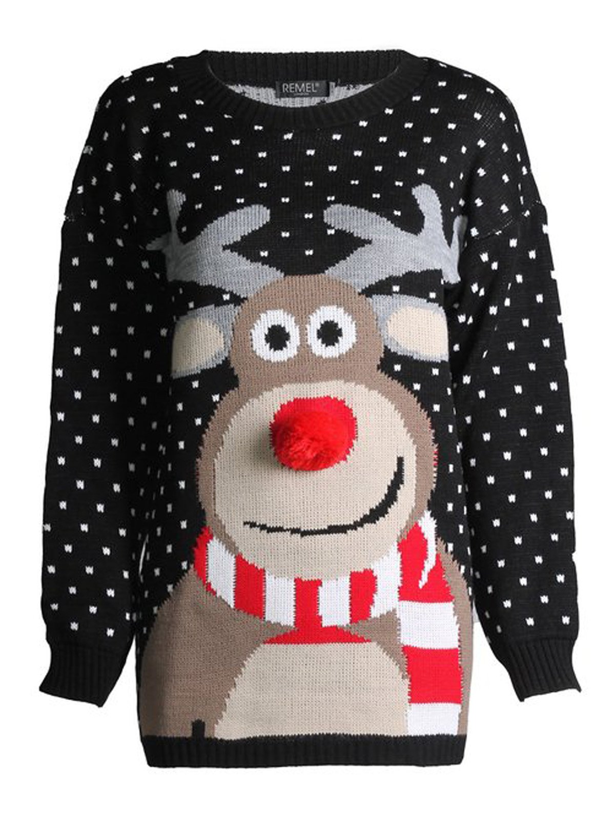 Christmas Novelty Reindeer Fairisle Snowflake Knitted Xmas Jumper Sweater, Black, Medium