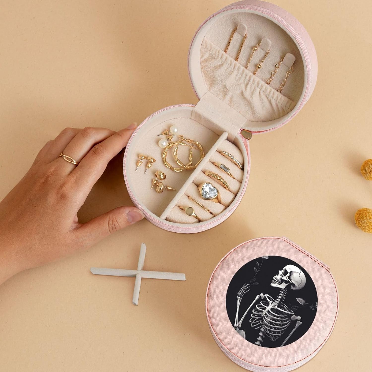 Travel Jewelry Box Leather Small Jewelry Organizer for Women,Portable Jewelry Case Aesthetic skeleton Display Storage Holder Boxes Mini Travel Case for Necklace Rings image 5