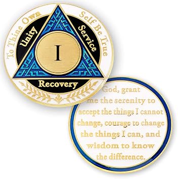 1 Year AA Medallions Coin - Alcoholics Anonymous Chips - One Year Coins - Blue Black White Token