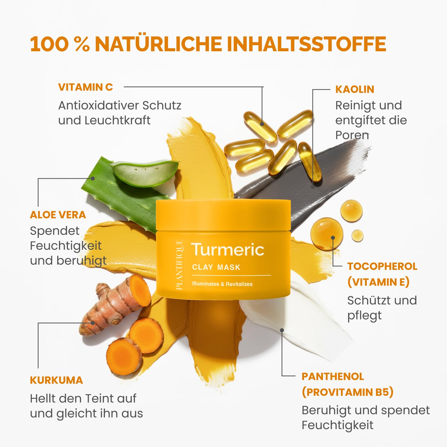 PLANTIFIQUE Koreanische Turmeric Tonerde Maske Vitamin C – Kurkuma & Fango Maske Körper – Porenverfeinernd Feuchtigkeitsspendend & Beruhigend – Clay Gegen dunkle Flecken – inkl. Spatel – 110 g