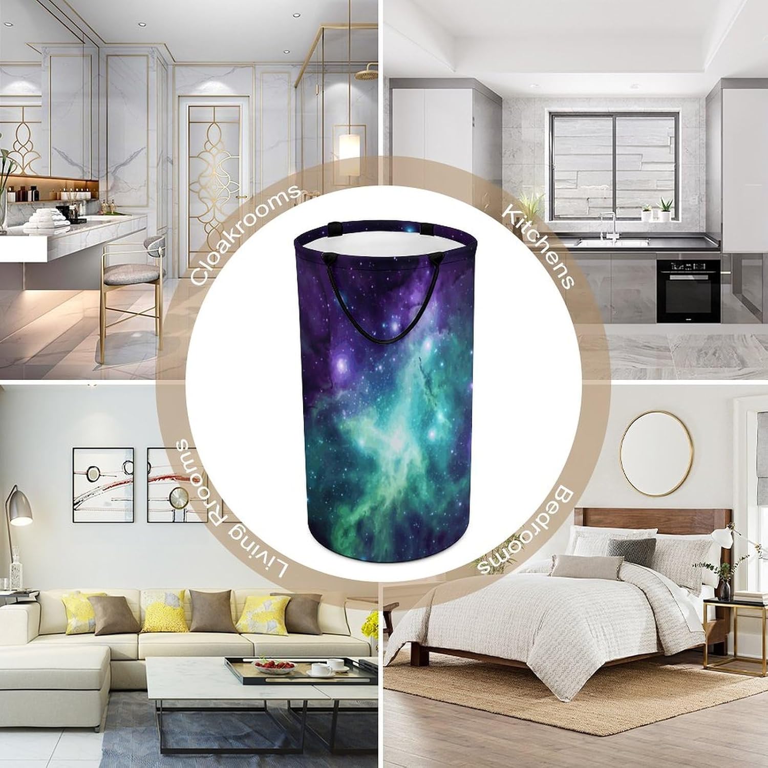 Green Blue Purple Galaxy Laundry Hamper with Handles Waterproof Collapsible Laundry Basket Large Lightweight Round Dirty Clothes Hamper for Home Dorm Bathroom Decor