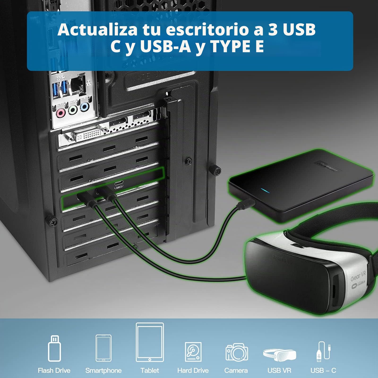 Tarjeta de expansión PCIe, USB 3.2 gen2 10Gpbs con 3 Puertos USB C y 2 Puertos internos (1x Type A, 1x Type E A Key 20 Pin) for Desktop Personal Computer