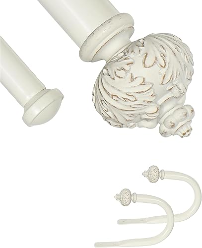 Barra de cortina doble de 1 pulgada con remates Albert y sujetadores, blanco envejecido, 28 a 48 pulgadas
